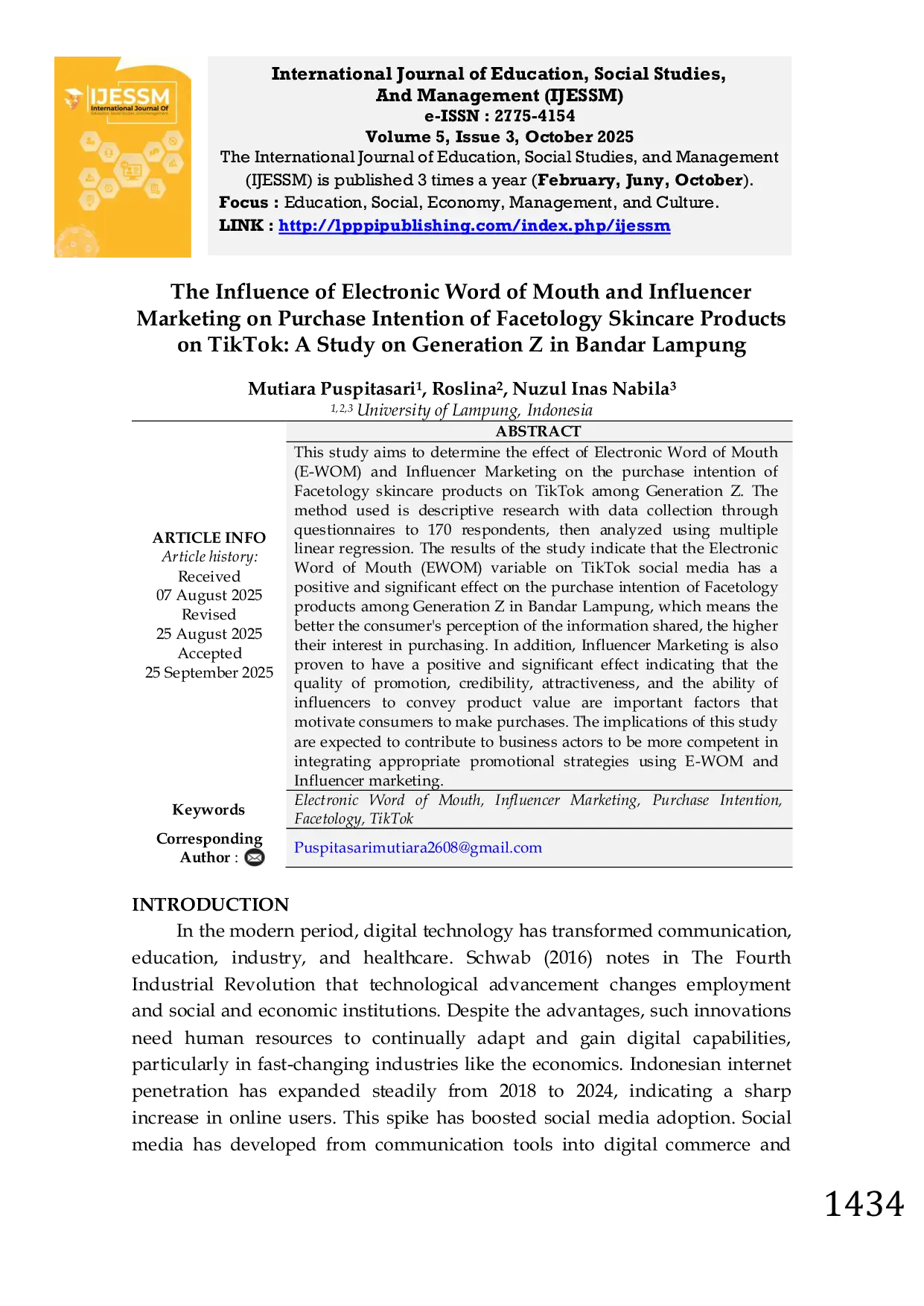 JURIS The Influence of Electronic Word of Mouth and Influencer Marketing on Purchase Intention of Facetology Skincare Products on TikTok A Study on Generation Z in Bandar Lampung