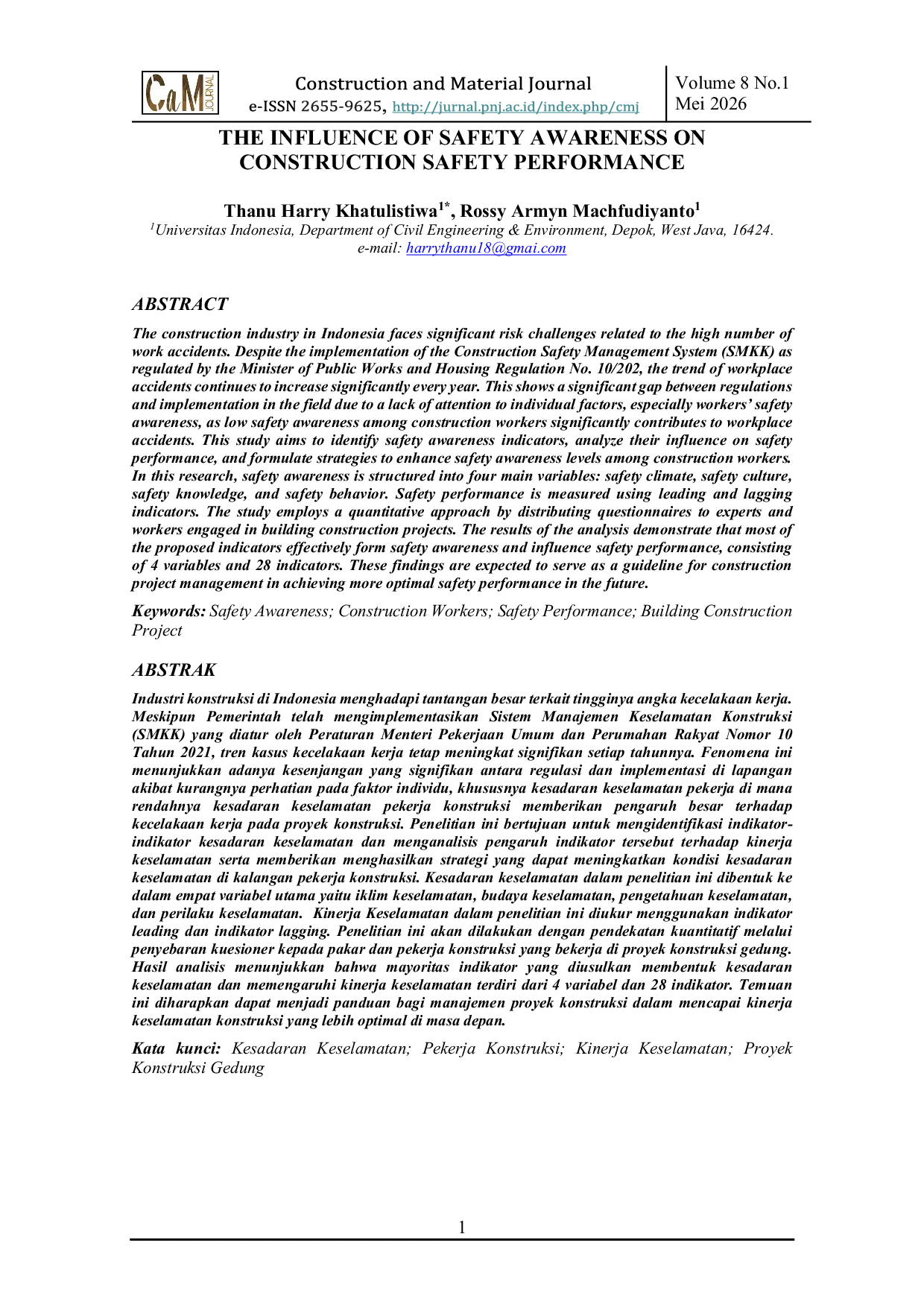 JURIS The Influence of Safety Awareness on Construction Safety Performance