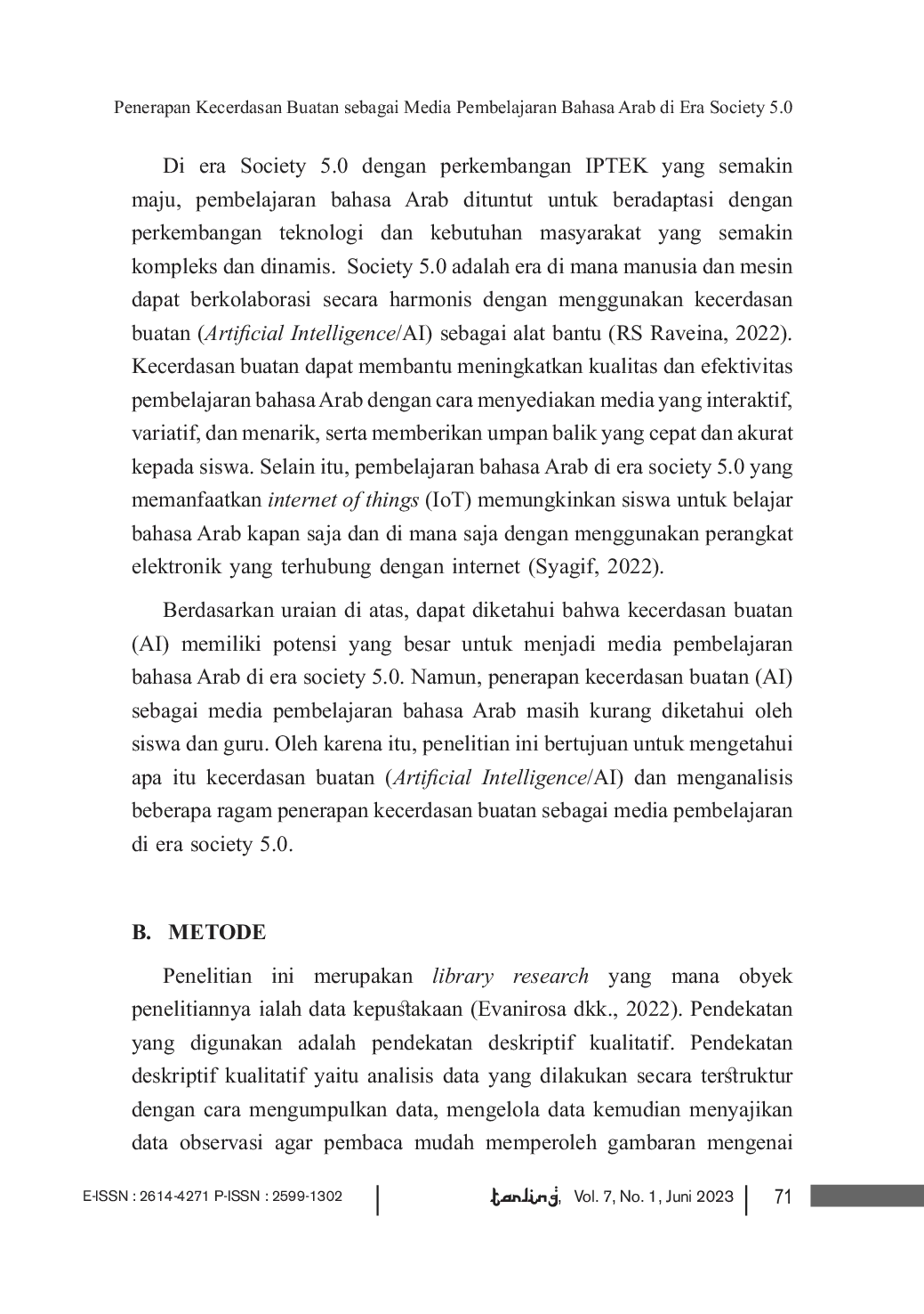 JURIS Application of artificial intelligence as a medium of learning Arabic the Society 5 0 Era