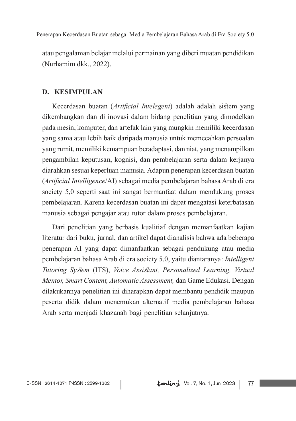 JURIS Application of artificial intelligence as a medium of learning Arabic the Society 5 0 Era