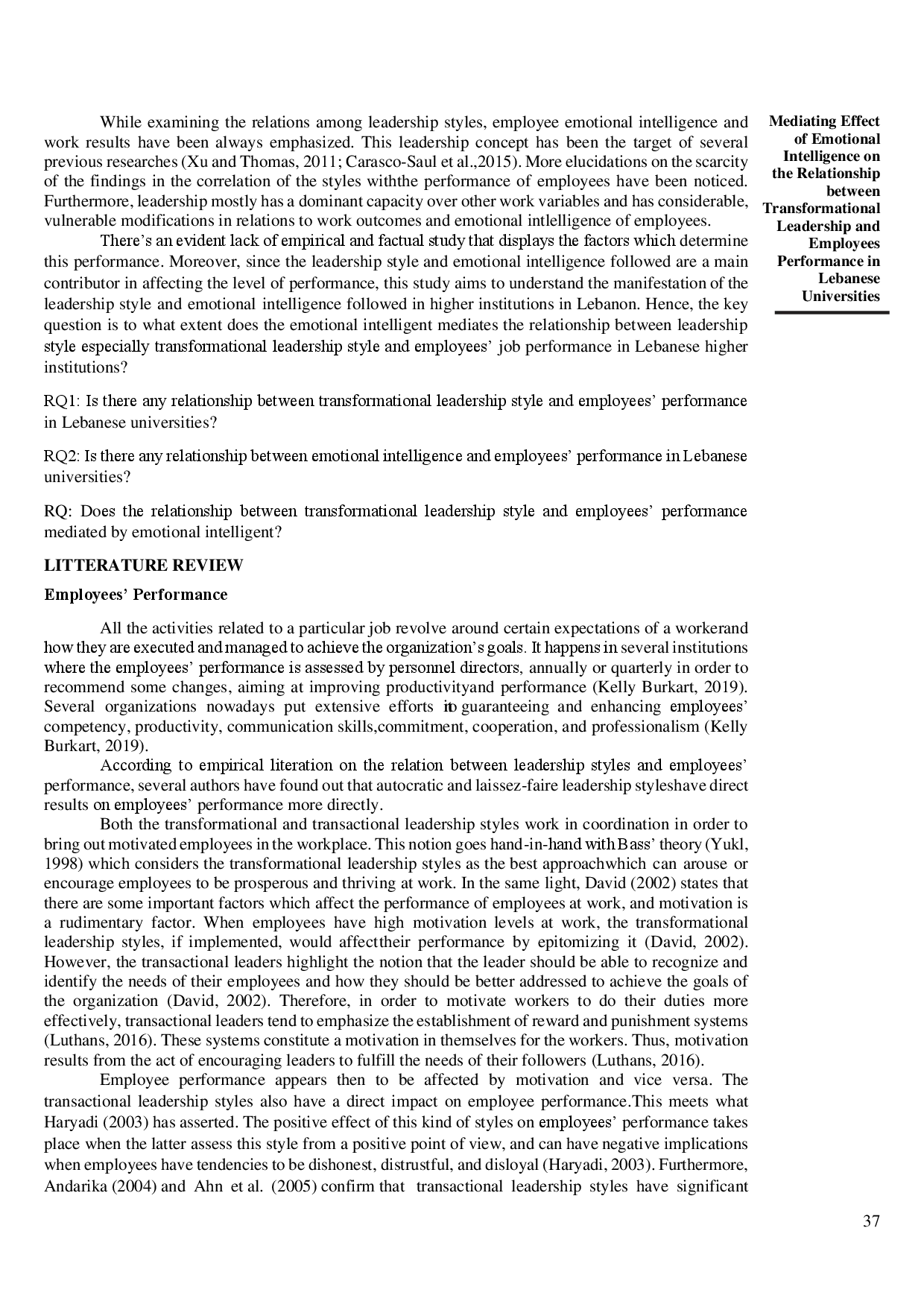 juris Mediating Effect of Emotional Intelligence on the Relationship Between Transformational Leadership and Employees Performance in Lebanese Universities