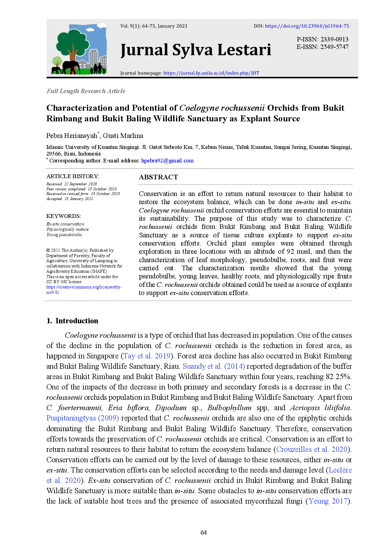 juris Characterization and Potential of Coelogyne rochussenii Orchids from Bukit Rimbang and Bukit Baling Wildlife Sanctuary as Explant Source