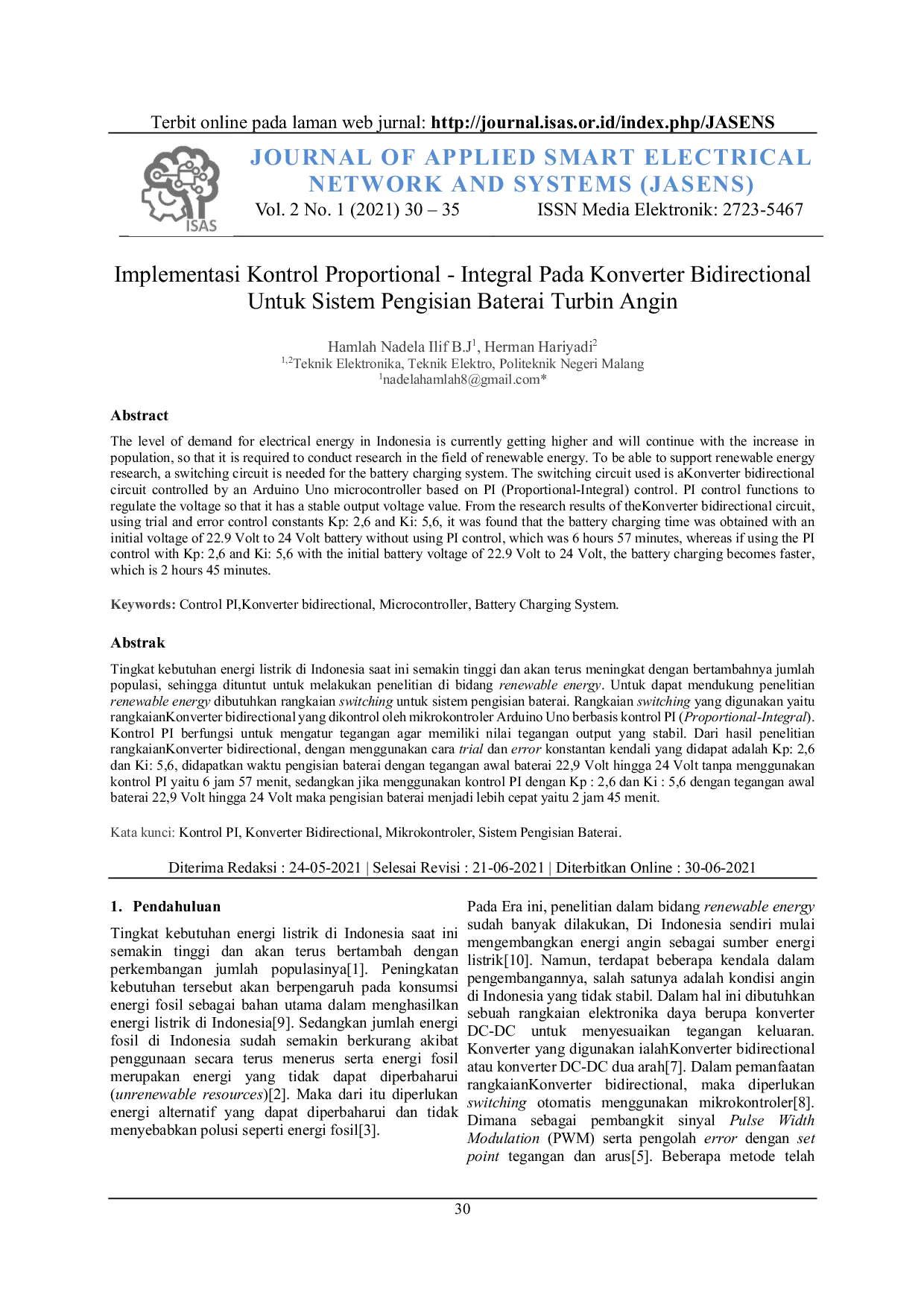 JURIS Implementasi Kontrol Proportional Integral Pada Bidirectional Converter Untuk Sistem Pengisian Baterai Turbin Angin