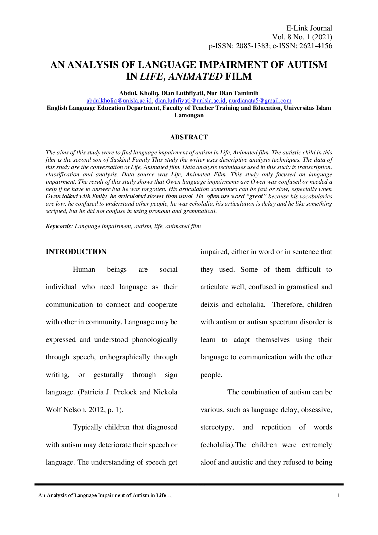 juris An Analysis of Language Impairment of Autism in Life Animated Film