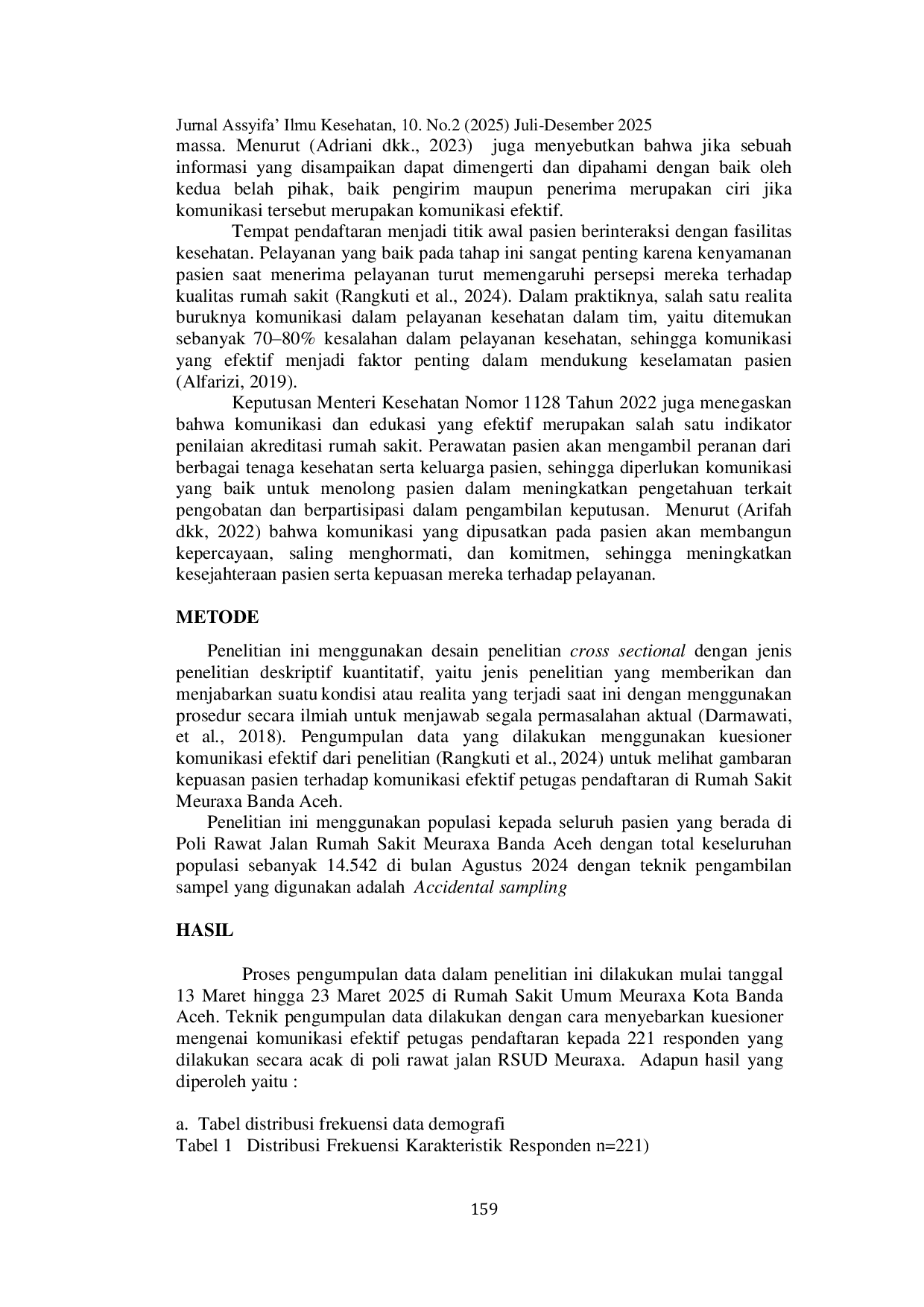 JURIS Gambaran Komunikasi Efektif Petugas Pendaftaran di Rumah Sakit Meuraxa