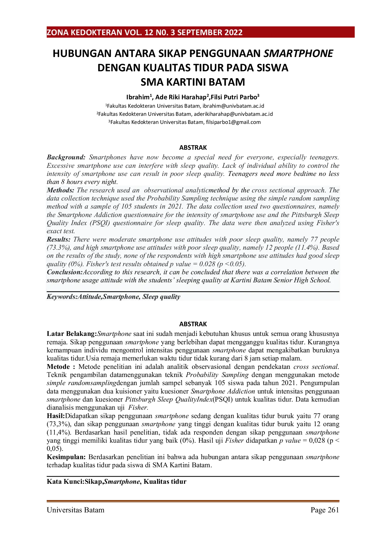 JURIS Hubungan Antara Sikap Penggunaan Smartphone dengan Kualitas Tidur pada Siswa SMA Kartini Batam