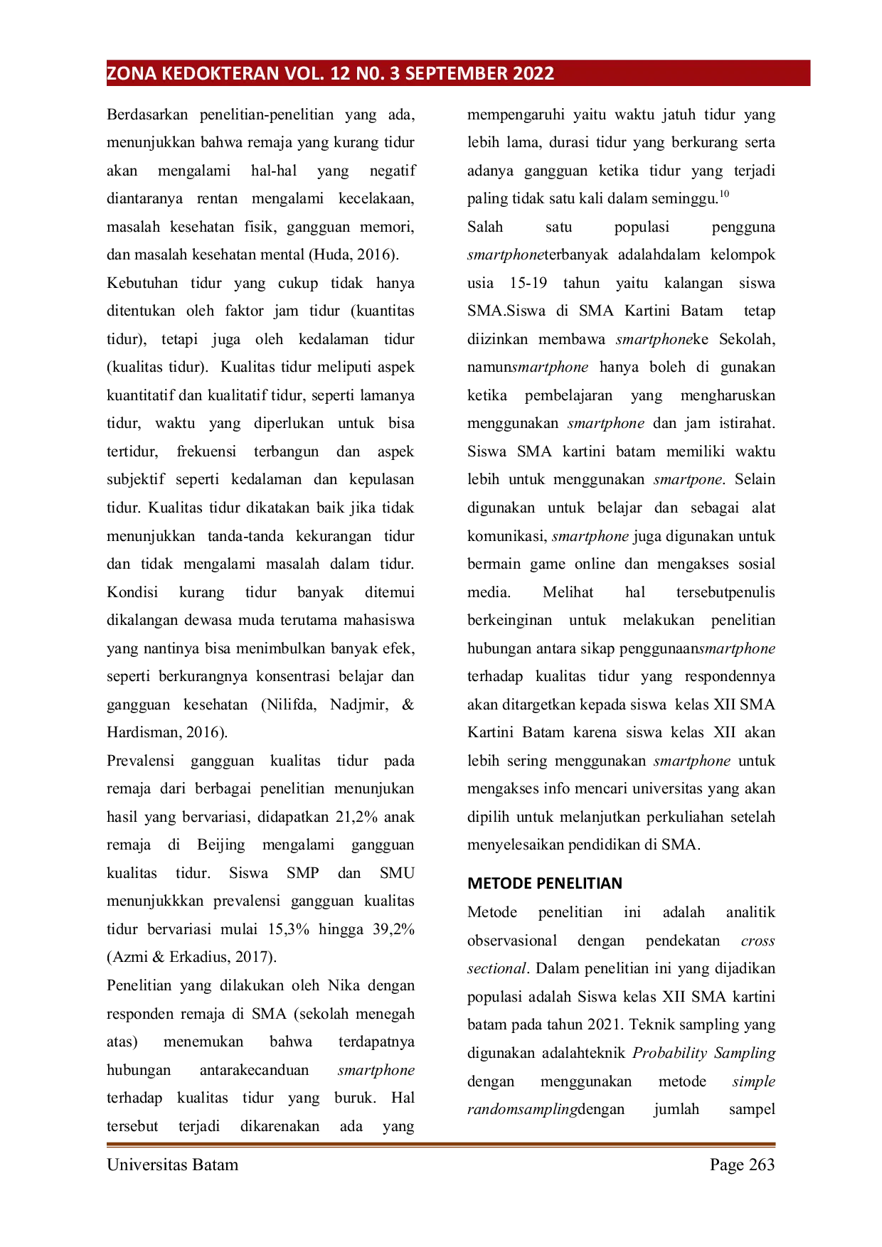 JURIS Hubungan Antara Sikap Penggunaan Smartphone dengan Kualitas Tidur pada Siswa SMA Kartini Batam