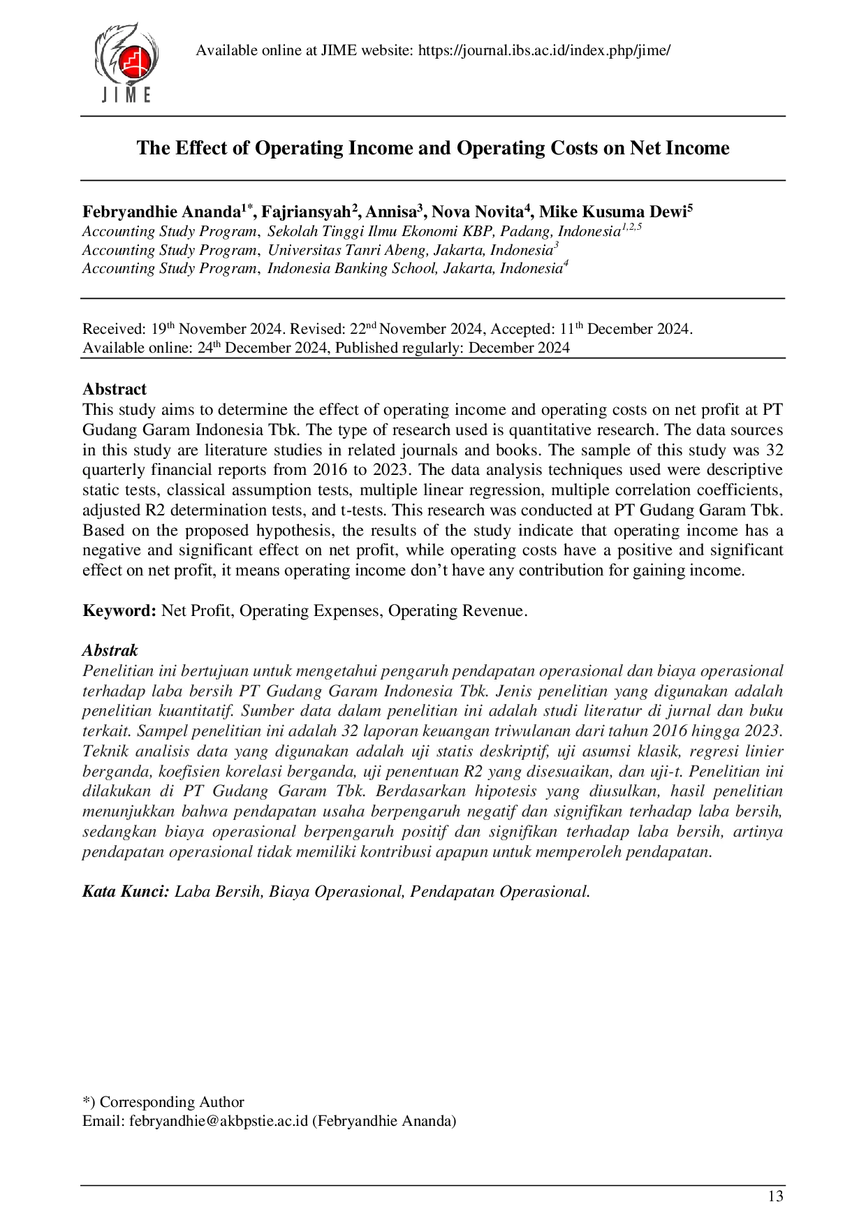 JURIS The Effect of Operating Income and Operating Costs on Net Income