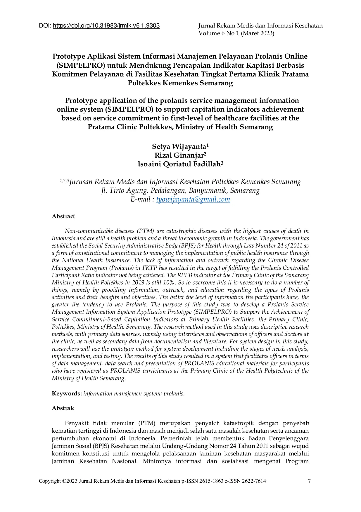 JURIS Prototype Aplikasi Sistem Informasi Manajemen Pelayanan Prolanis Online SIMPELPRO untuk Mendukung Pencapaian Indikator Kapitasi Berbasis Komitmen Pelayanan di Fasilitas Kesehatan Tingkat Pertama Kli