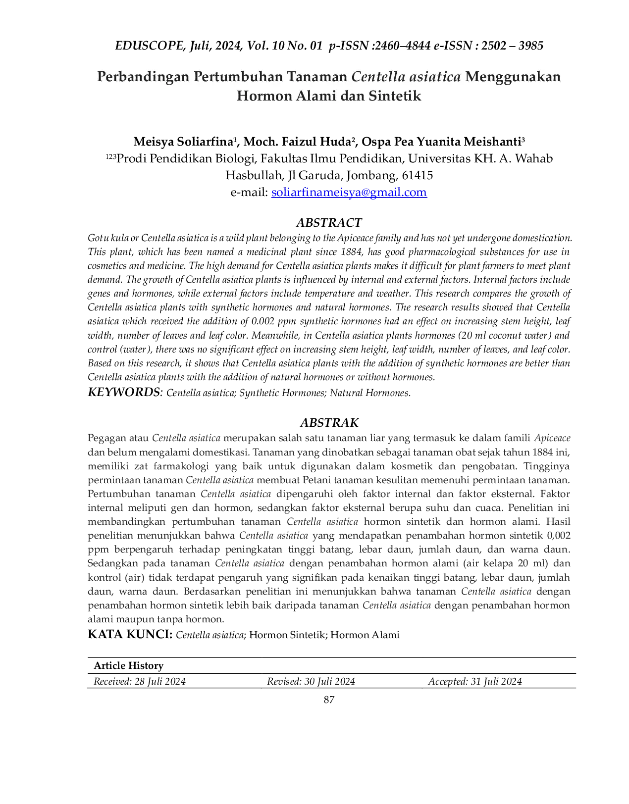 JURIS Perbandingan Pertumbuhan Tanaman Centella asiatica Menggunakan Hormon Alami dan Sintetik