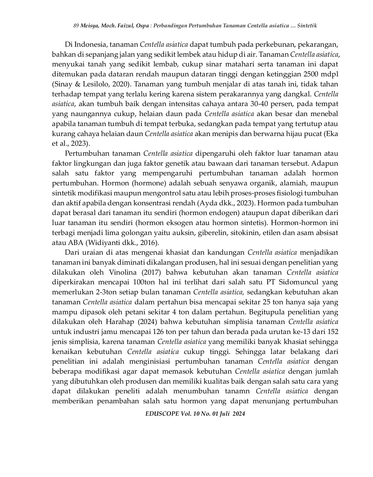 JURIS Perbandingan Pertumbuhan Tanaman Centella asiatica Menggunakan Hormon Alami dan Sintetik