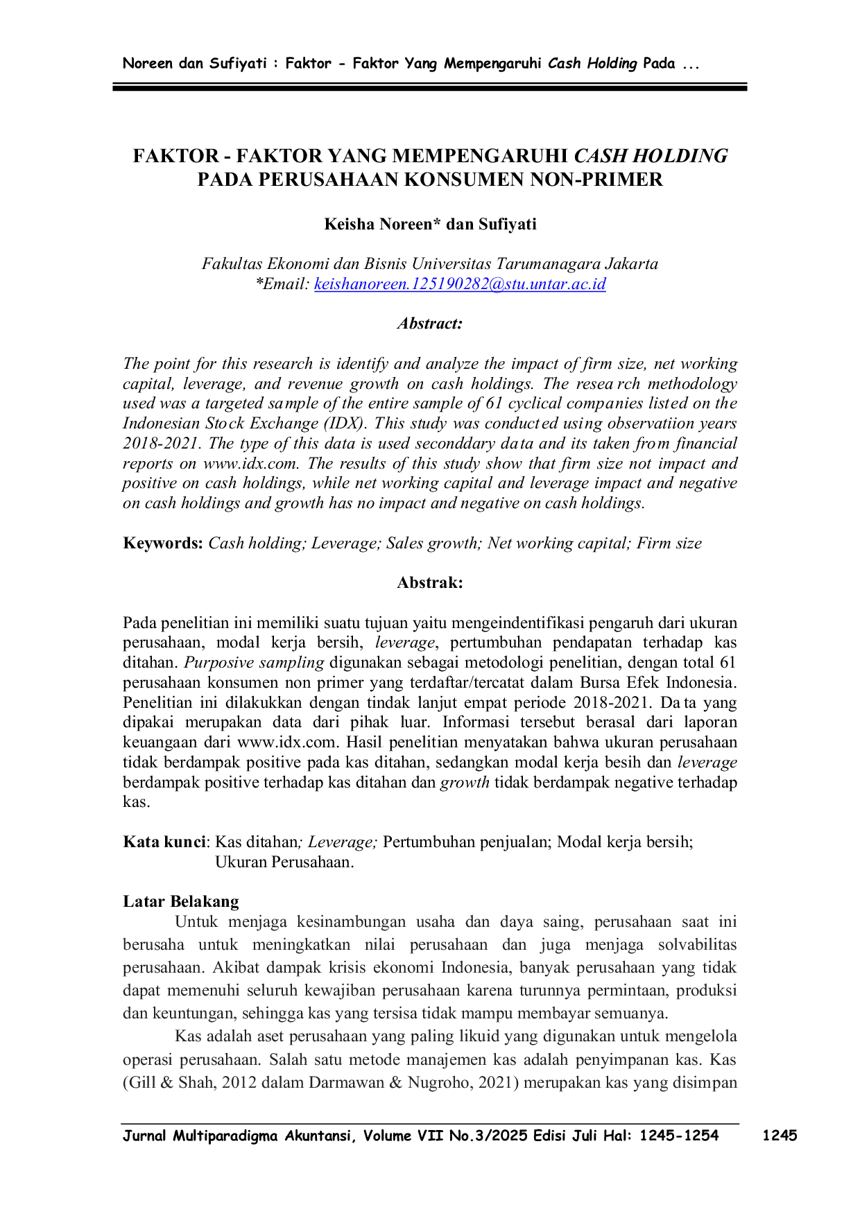 JURIS Faktor Faktor Yang Mempengaruhi Cash Holding Pada Perusahaan Konsumen Non Primer