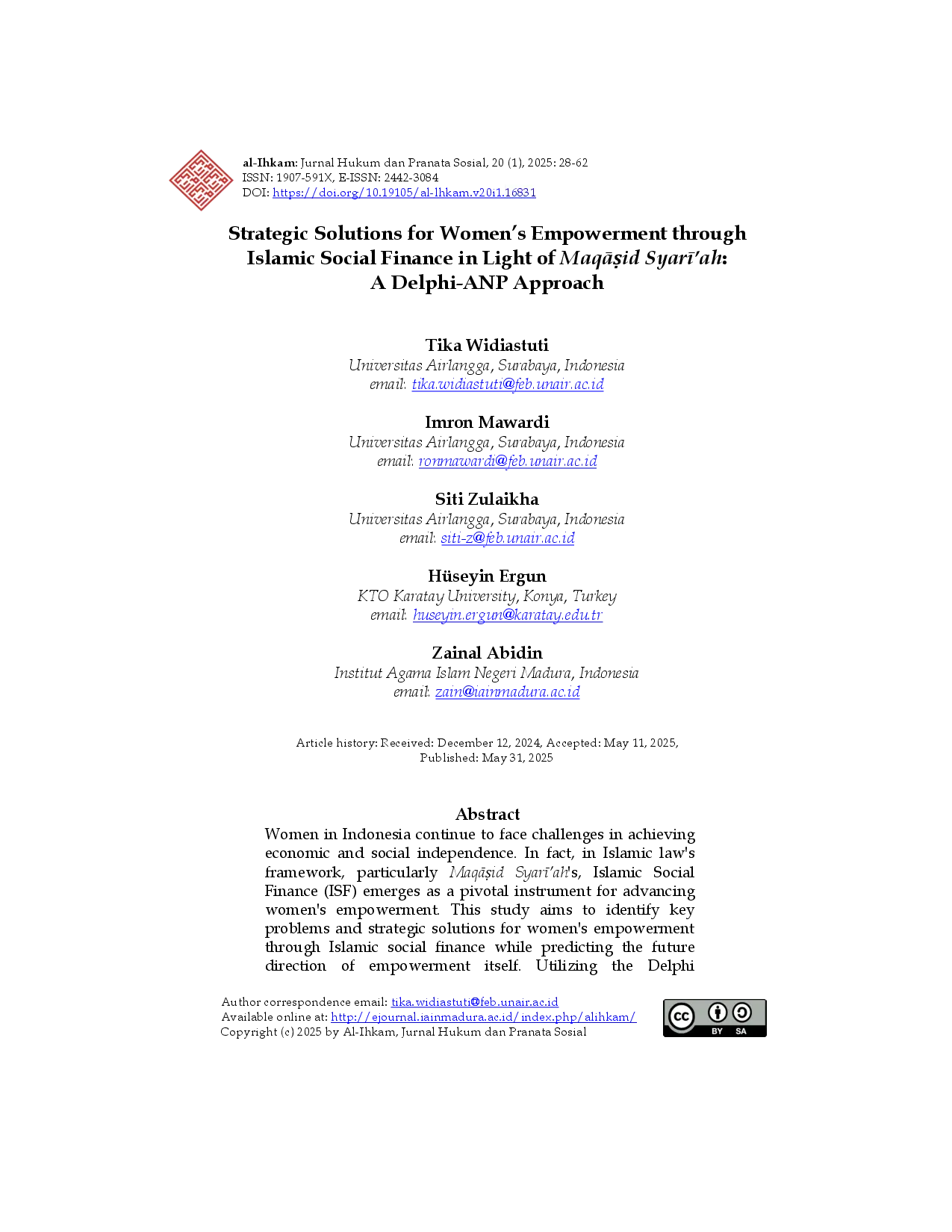 juris Strategic Solutions for Women s Empowerment through Islamic Social Finance in Light of Maqayid Sharia A Delphi ANP Approach