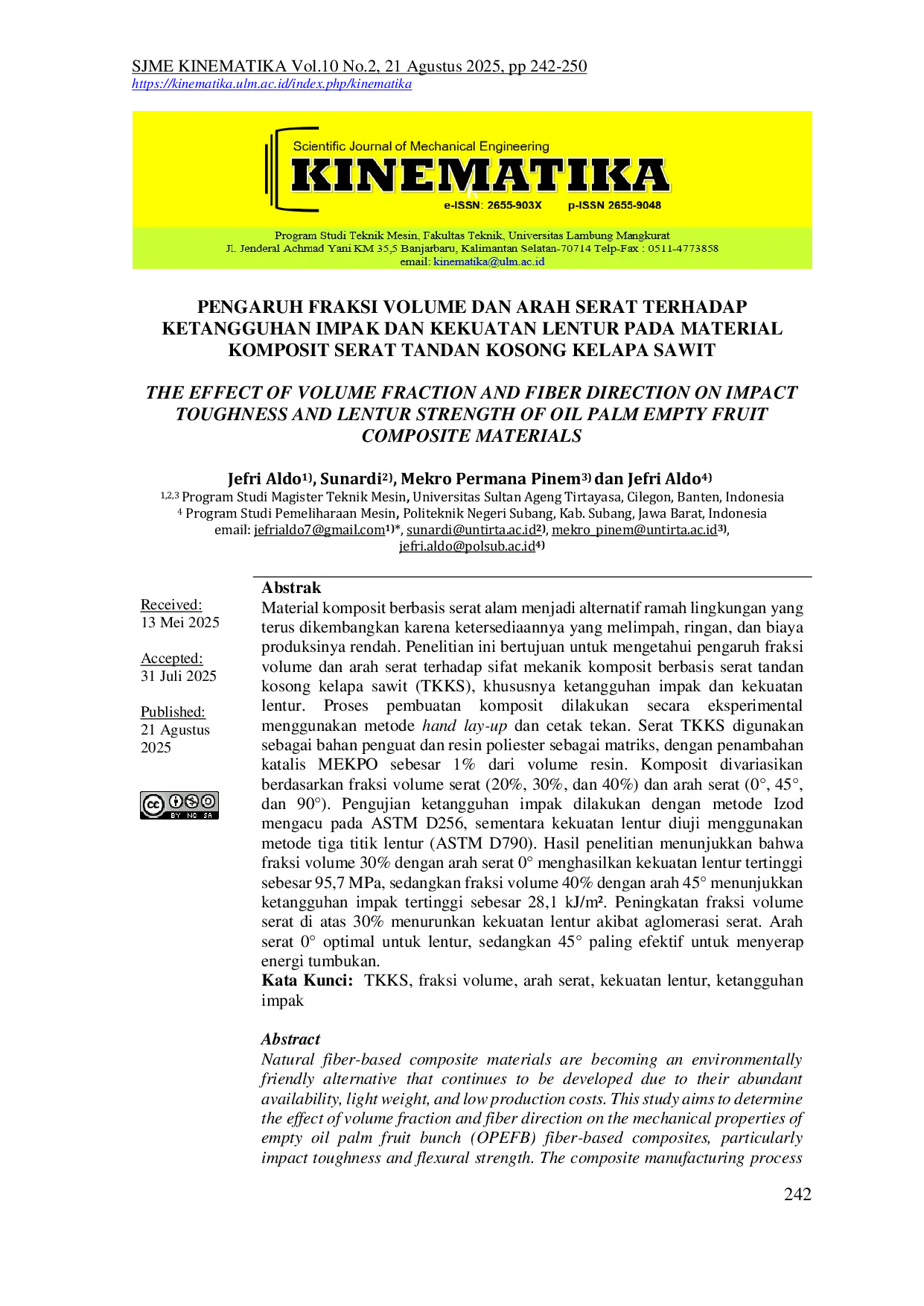 JURIS Pengaruh Fraksi Volume Dan Arah Serat Terhadap Ketangguhan Impak Dan Kekuatan Lentur Pada Material Komposit Serat Tandan Kosong Kelapa Sawit