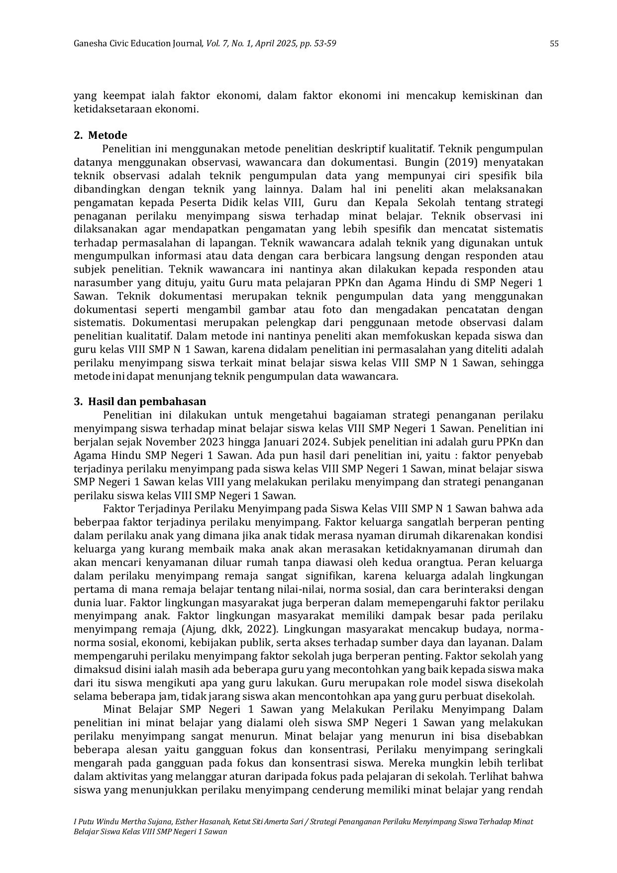 JURIS Strategi Penanganan Perilaku Menyimpang Siswa Terhadap Minat Belajar Siswa Kelas VIII SMP Negeri 1 Sawan