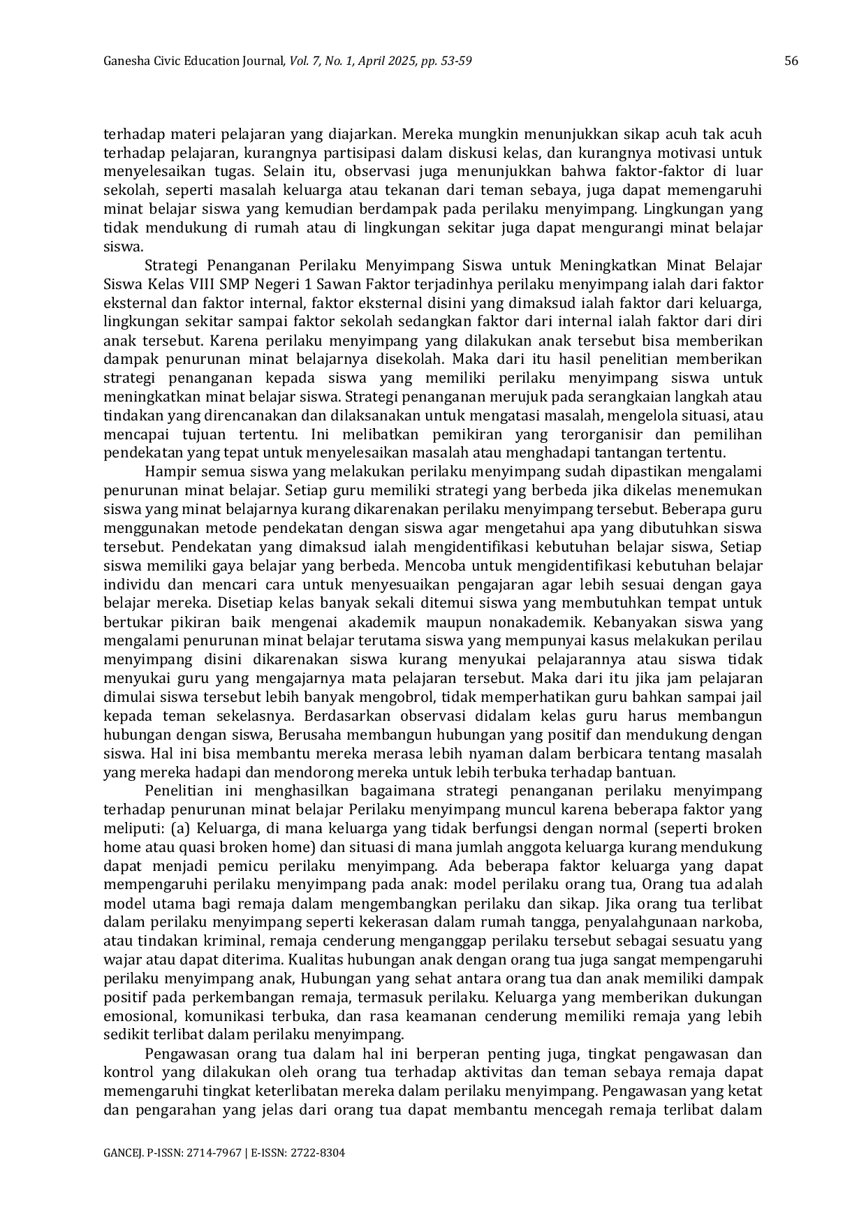 JURIS Strategi Penanganan Perilaku Menyimpang Siswa Terhadap Minat Belajar Siswa Kelas VIII SMP Negeri 1 Sawan