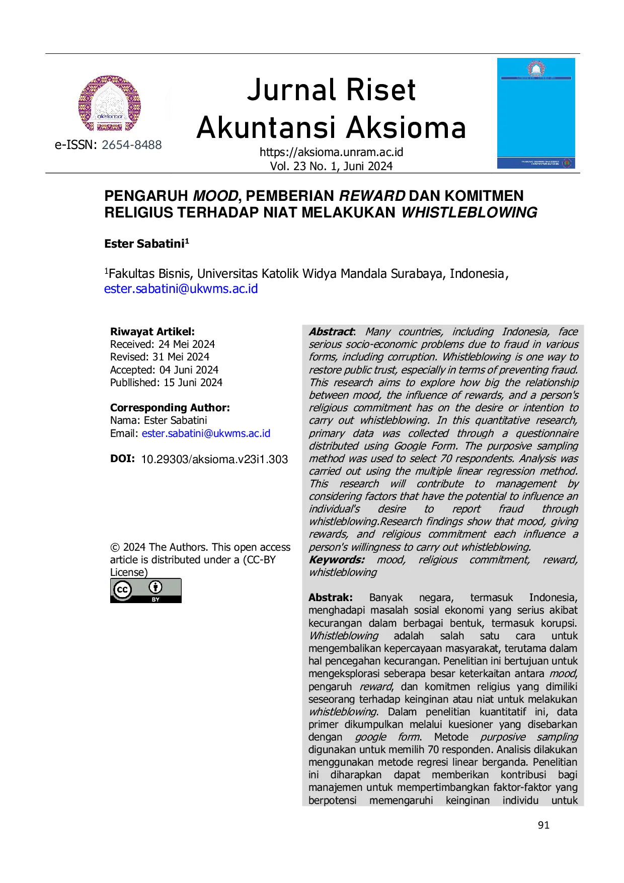 JURIS PENGARUH MOOD PEMBERIAN REWARD DAN KOMITMEN RELIGIUS TERHADAP NIAT MELAKUKAN WHISTLEBLOWING