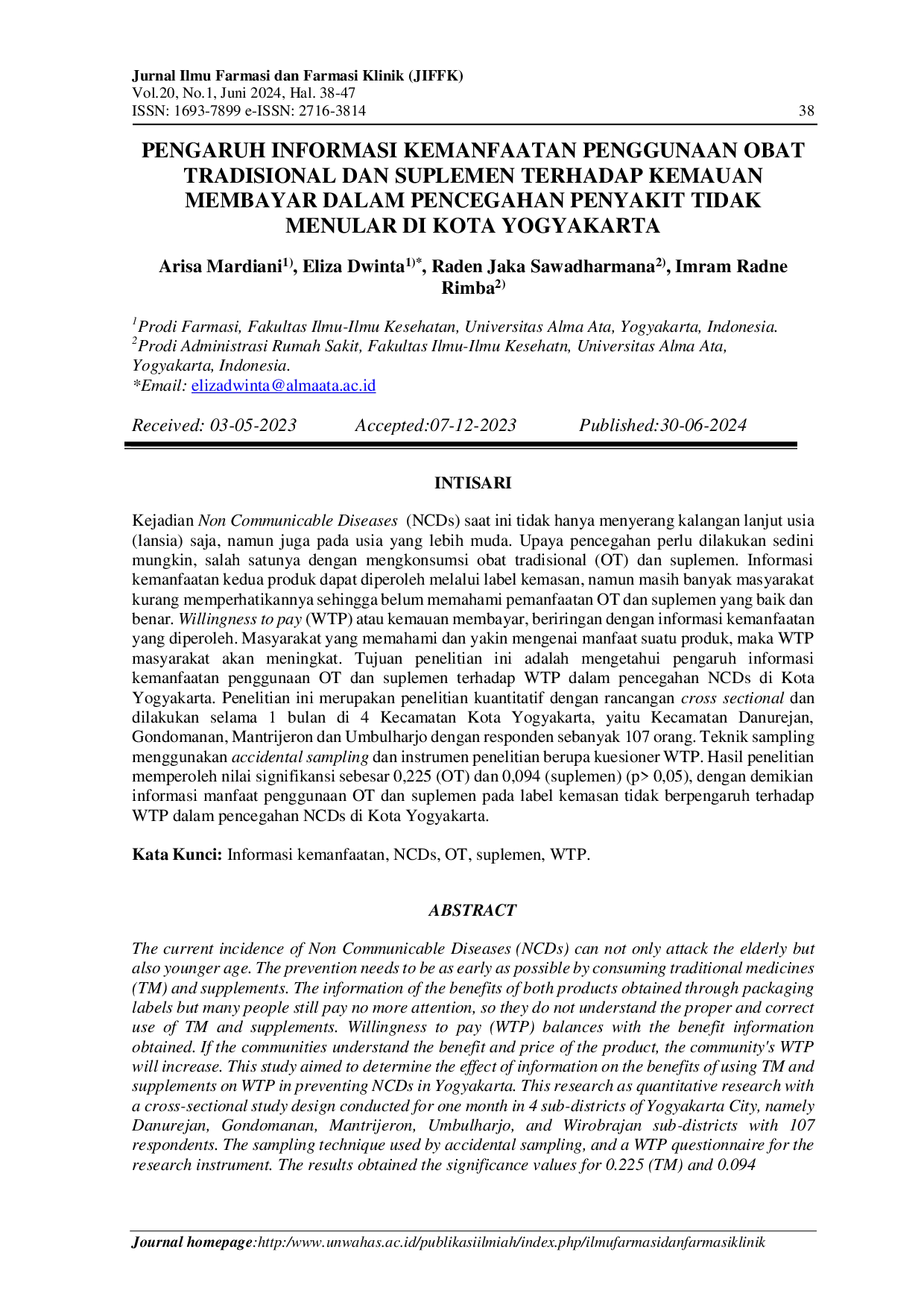 juris Pengaruh Informasi Kemanfaatan Penggunaan Obat Tradisional dan Suplemen Terhadap Kemauan Membayar Dalam Pencegahan Penyakit Tidak Menular Di Kota Yogyakarta