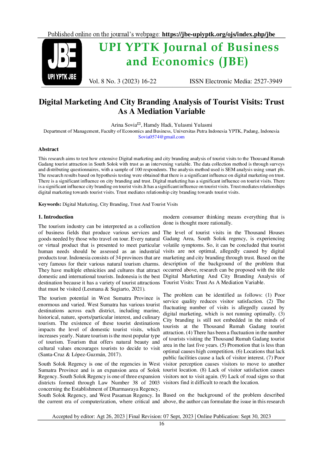 juris Digital Marketing And City Branding Analysis Of Tourist Visits Trust As A Mediation Variable