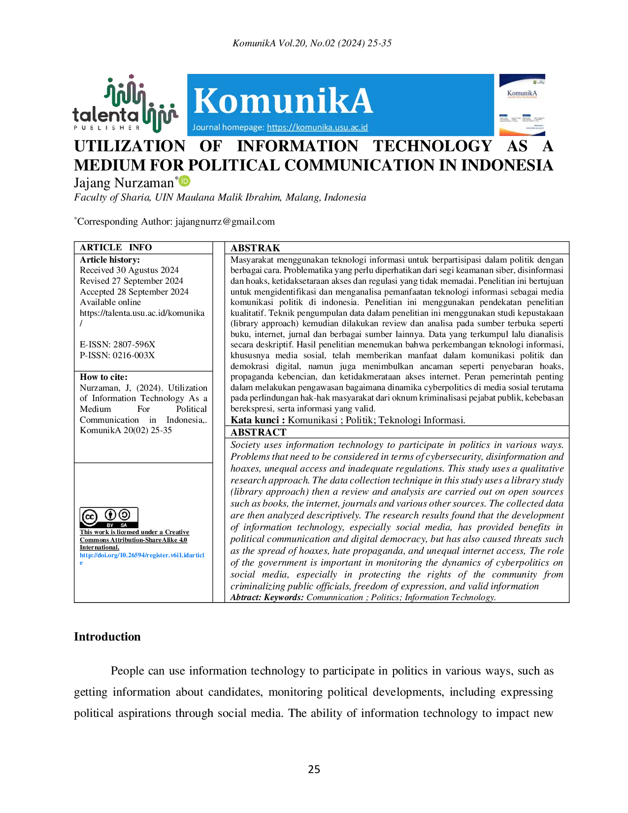 JURIS Utilization Of Information Technology As A Medium For Political Communication In Indonesia