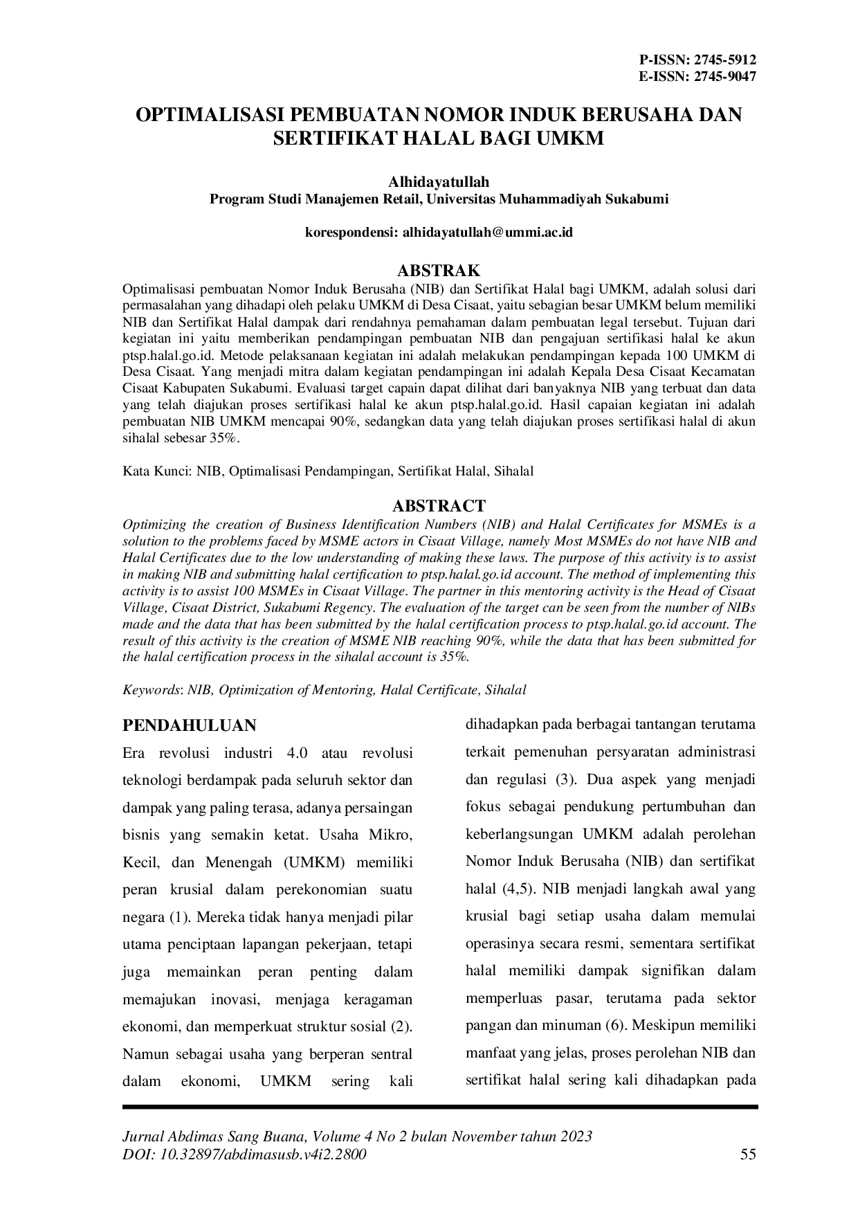 JURIS Optimalisasi Pembuatan Nomor Induk Berusaha Dan Sertifikat Halal Bagi UMKM