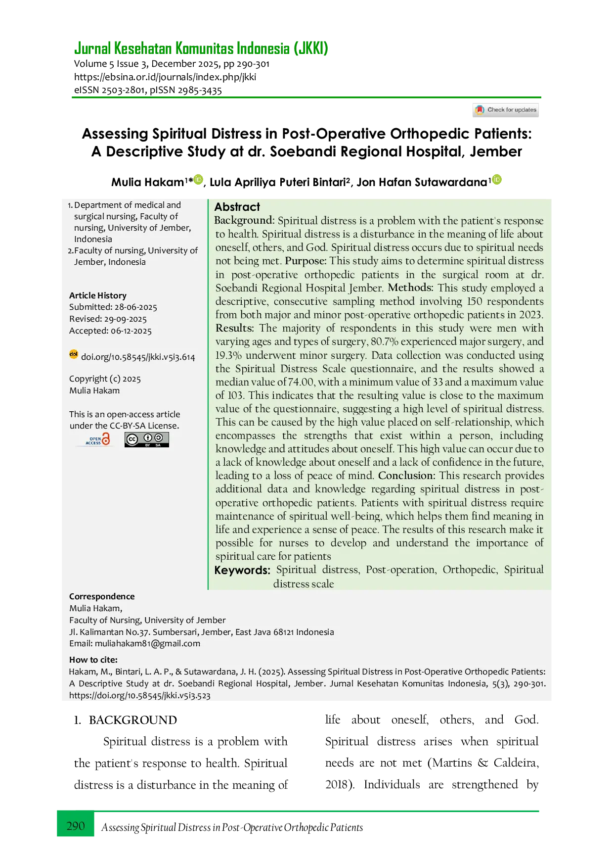 JURIS Assessing Spiritual Distress in Post Operative Orthopedic Patients A Descriptive Study at dr Soebandi Regional Hospital Jember