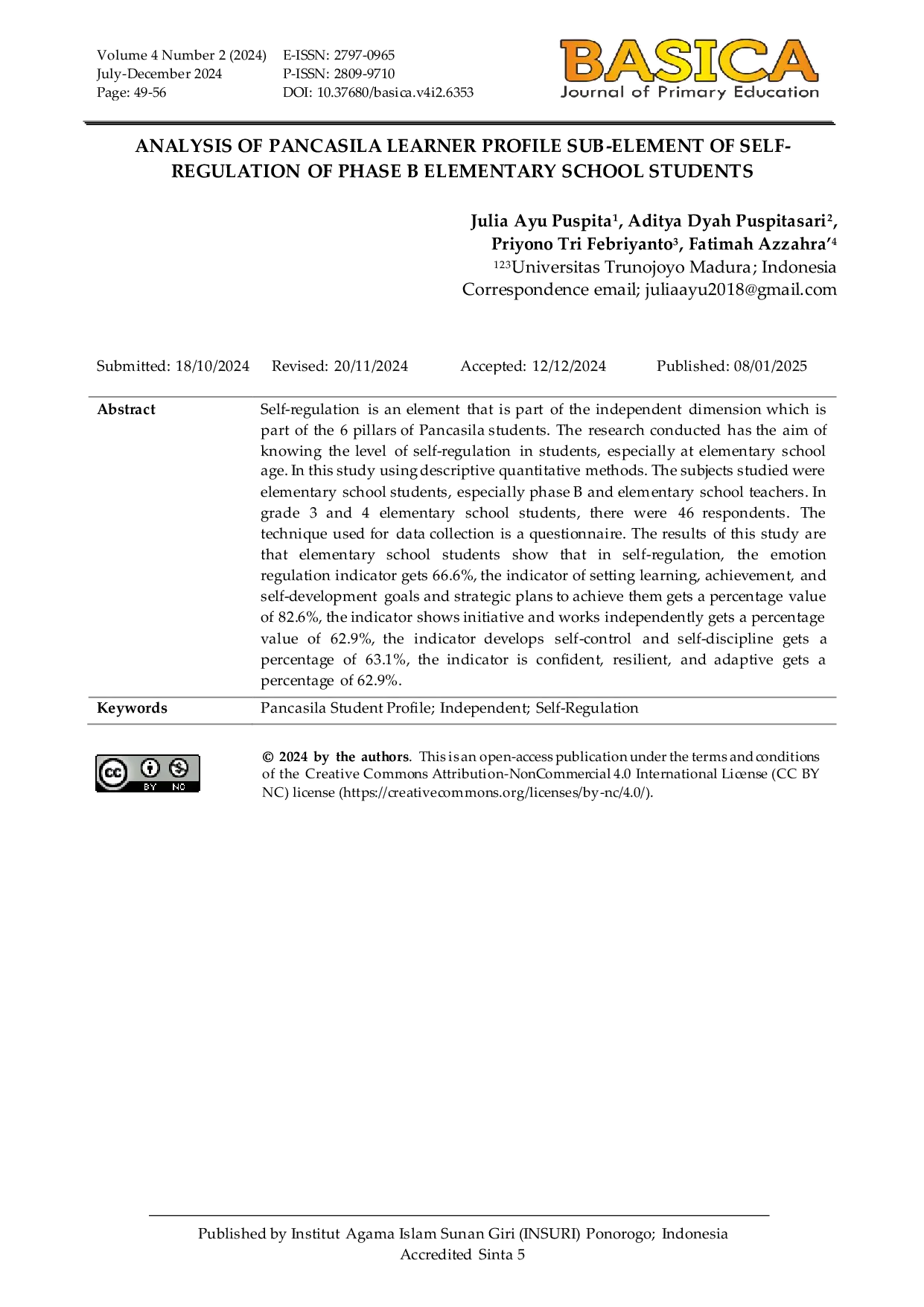 JURIS Analysis of Pancasila Learner Profile Sub element of Self Regulation of Phase B Elementary School Students