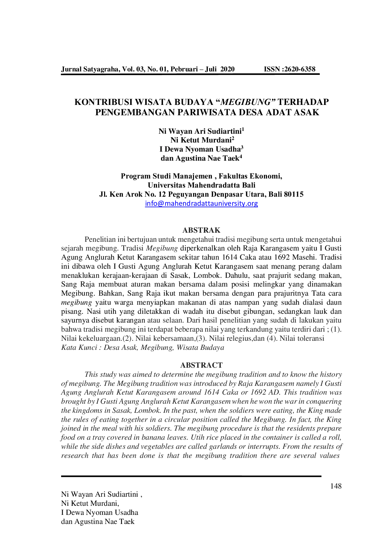 JURIS Kontribusi Wisata Budaya Megibung Terhadap Pengembangan Pariwisata Desa Adat Asak