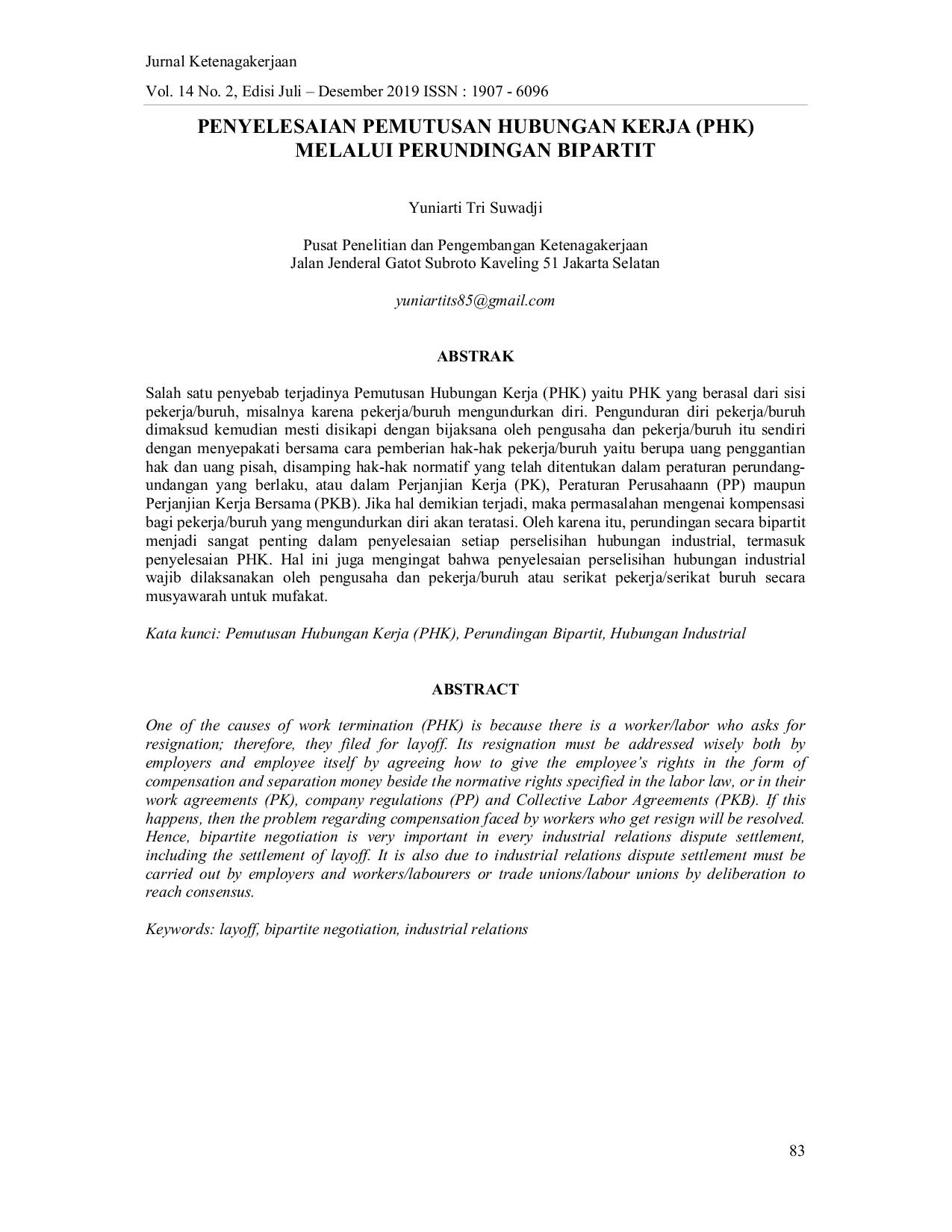 JURIS Penyelesaian Pemutusan Hubungan Kerja PHK Melalui Perundingan Bipartit