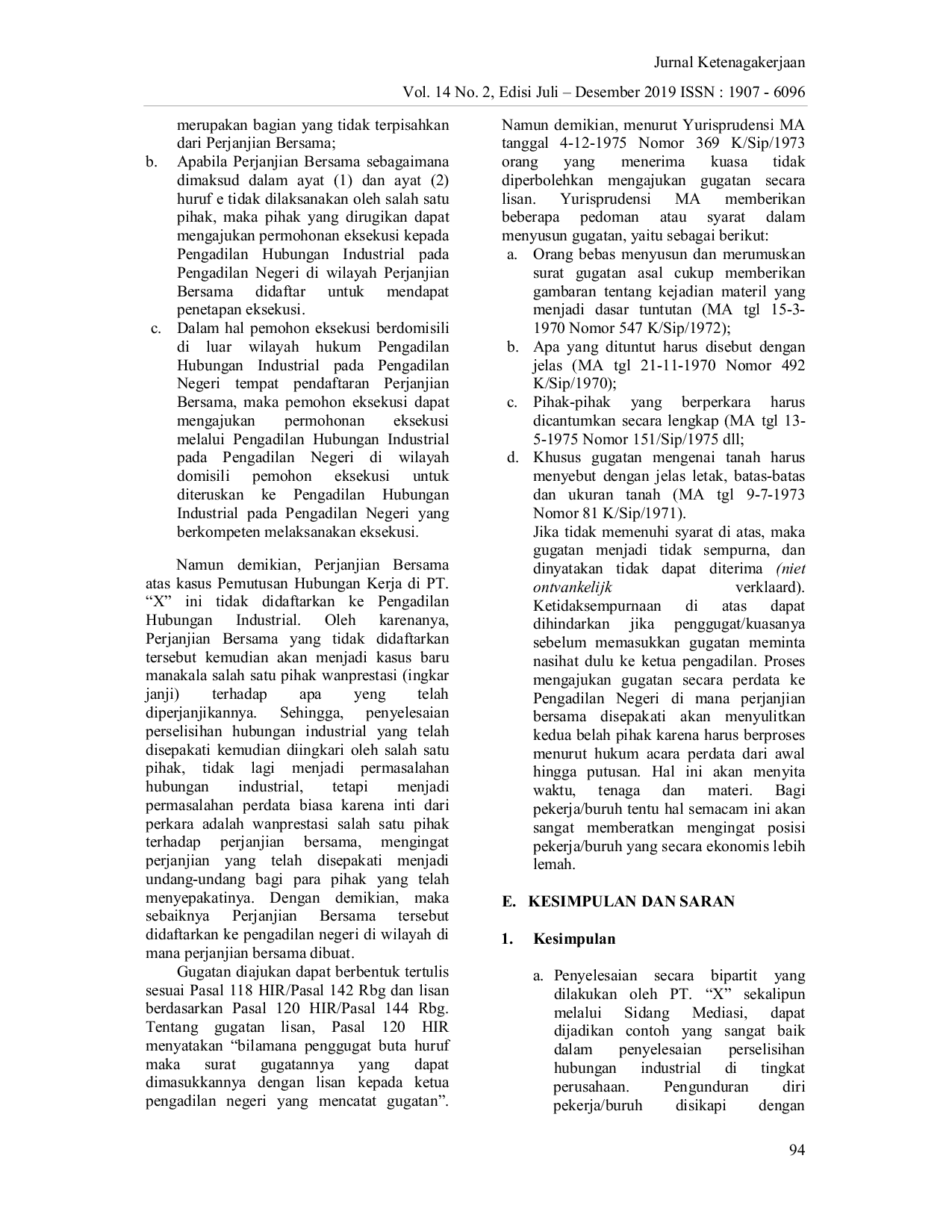 JURIS Penyelesaian Pemutusan Hubungan Kerja PHK Melalui Perundingan Bipartit