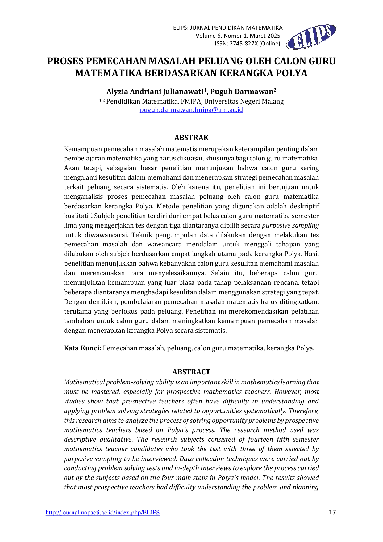 JURIS Proses Pemecahan Masalah Peluang Oleh Calon Guru Matematika Berdasarkan Kerangka Polya
