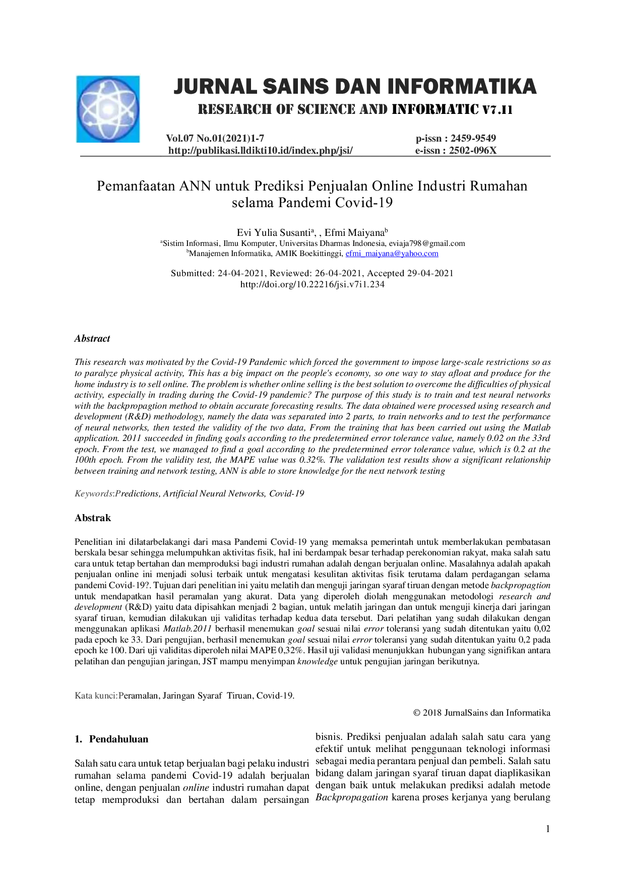 JURIS Pemanfaatan Ann Untuk Prediksi Penjualan Online Industri Rumahan Selama Pandemi Covid 19