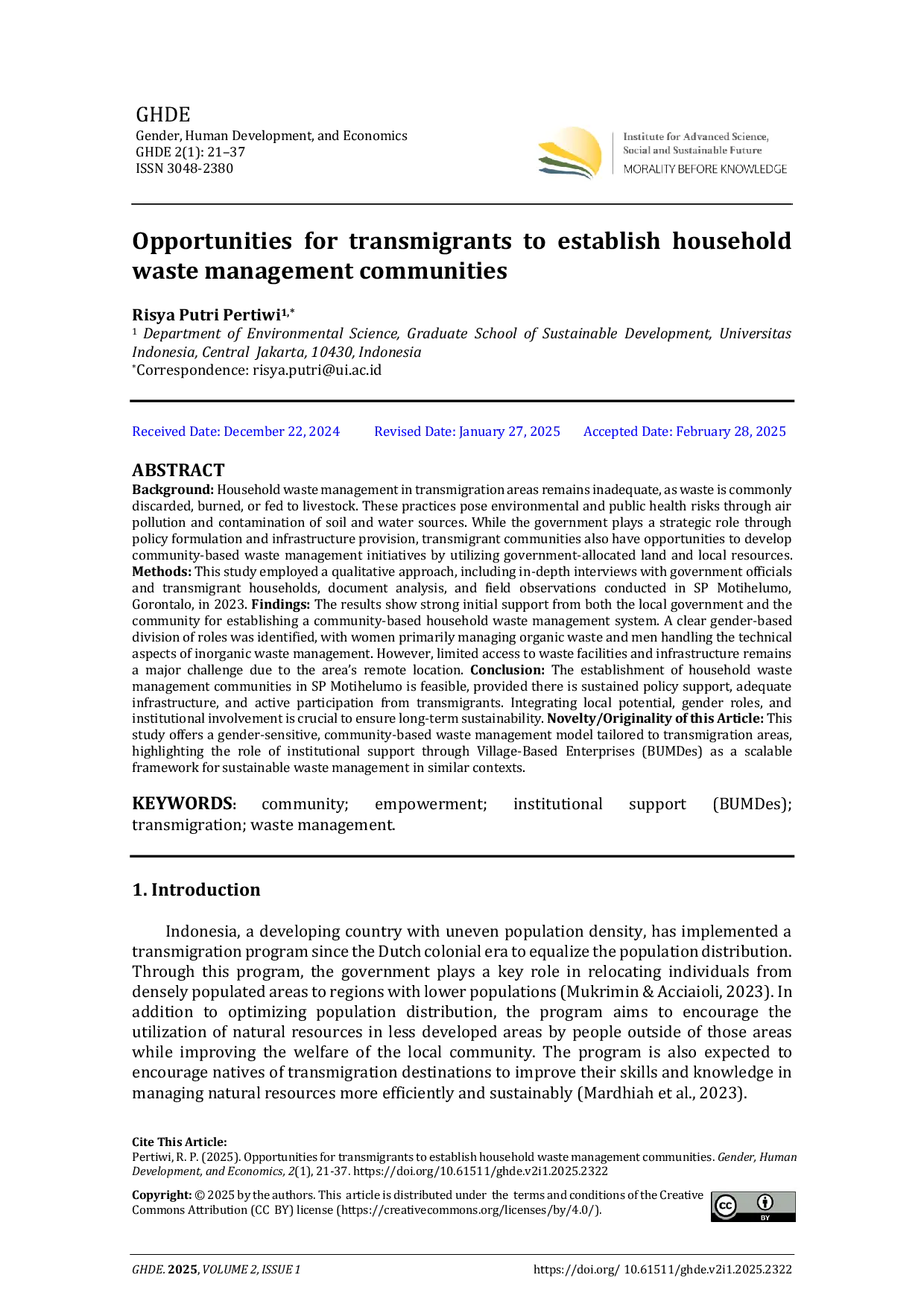 JURIS Opportunities for Transmigrants to Establish Household Waste Management Communities