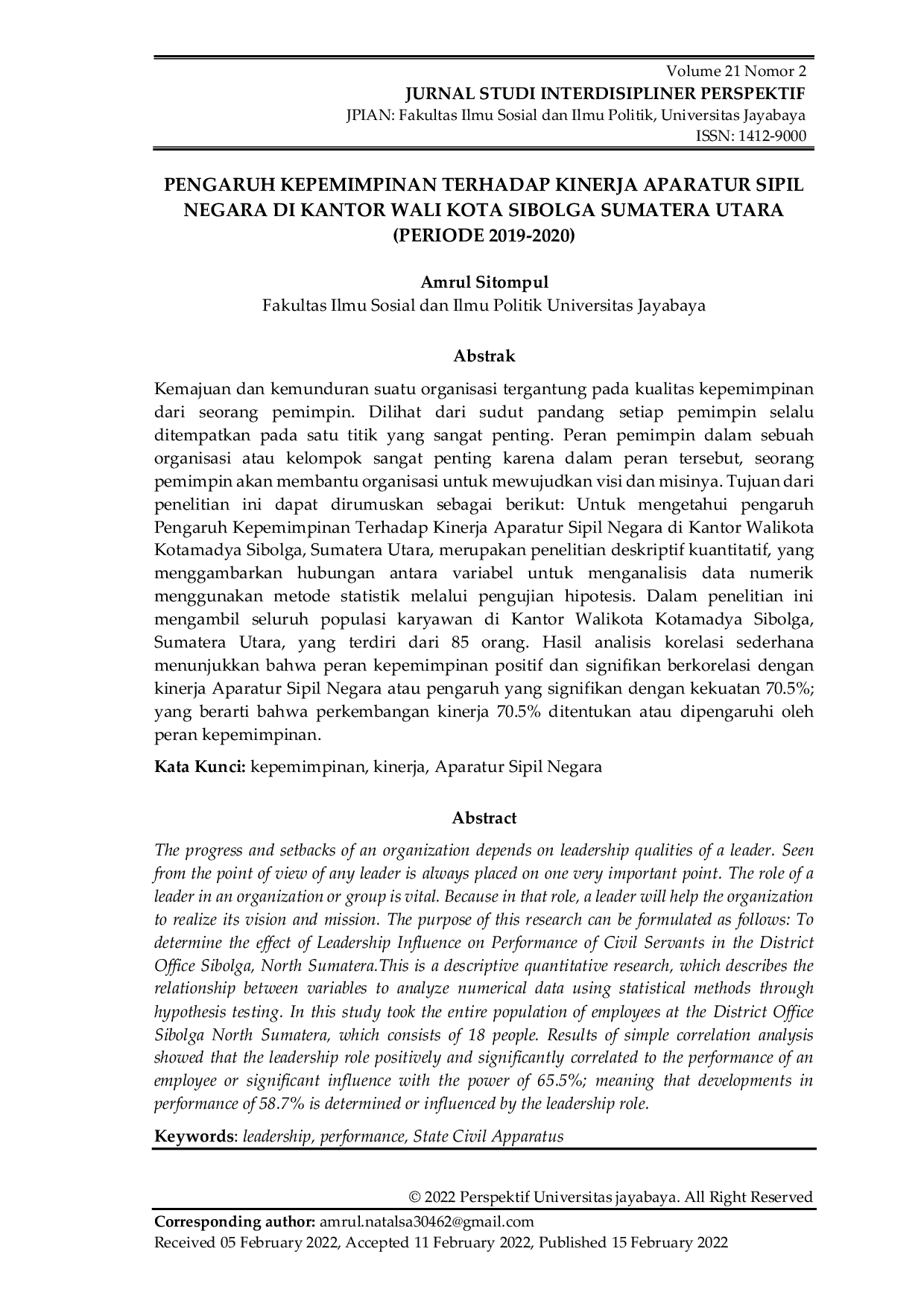 JURIS Pengaruh Kepemimpinan Terhadap Kinerja Aparatur Sipil Negara di Kantor Walikota Sibolga Sumatera Utara Periode 2019 2020