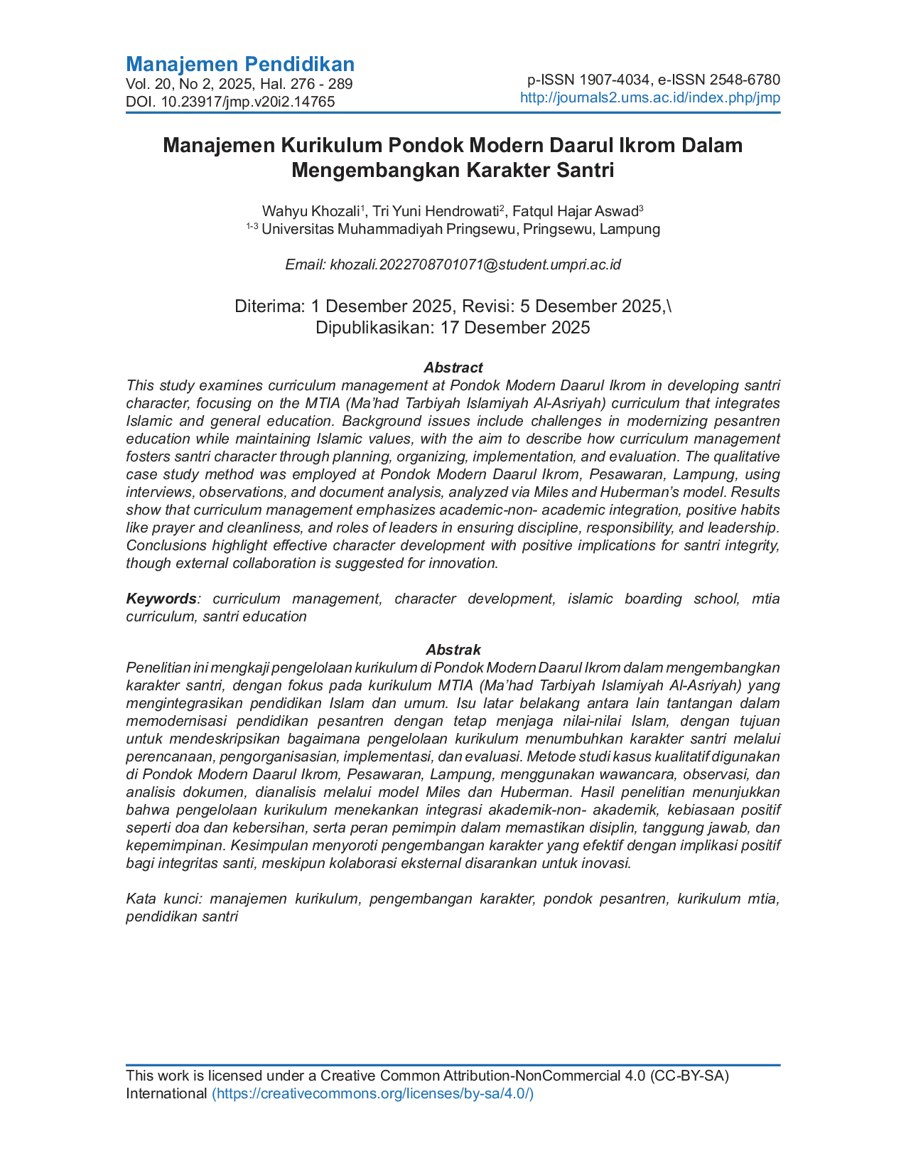 JURIS Manajemen Kurikulum Pondok Modern Daarul Ikrom Dalam Mengembangkan Karakter Santri
