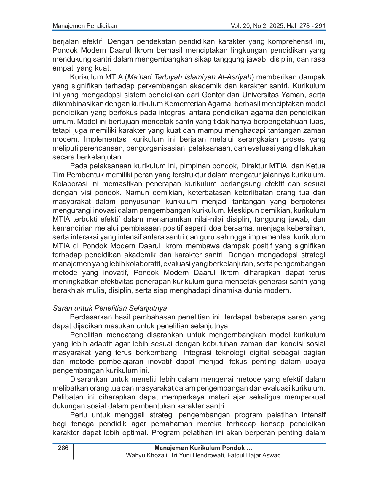 JURIS Manajemen Kurikulum Pondok Modern Daarul Ikrom Dalam Mengembangkan Karakter Santri