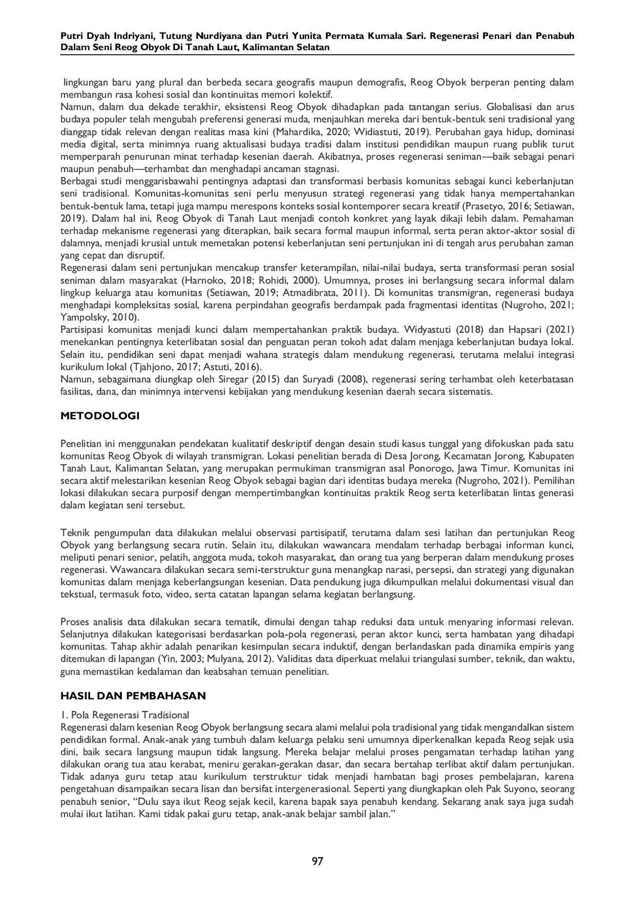JURIS Regenerasi Penari dan Penabuh dalam Seni Reog Obyok di Tanah Laut Kalimantan Selatan