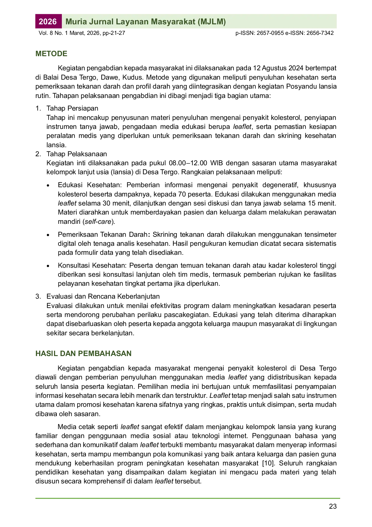 JURIS Giat Interprofessional Collaboration Tenaga Kesehatan Tentang Peningkatan Kesadaran Masyarakat tentang Pentingnya Kontrol Kolesterol di Desa Tergo Kudus