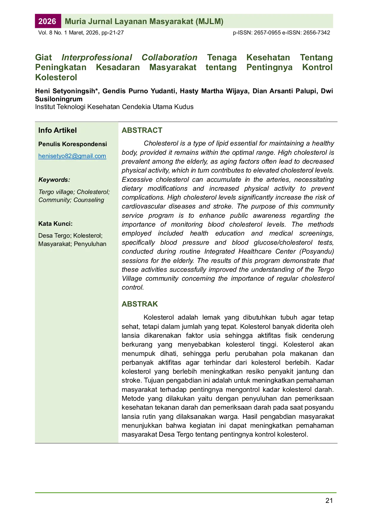 JURIS Giat Interprofessional Collaboration Tenaga Kesehatan Tentang Peningkatan Kesadaran Masyarakat tentang Pentingnya Kontrol Kolesterol di Desa Tergo Kudus