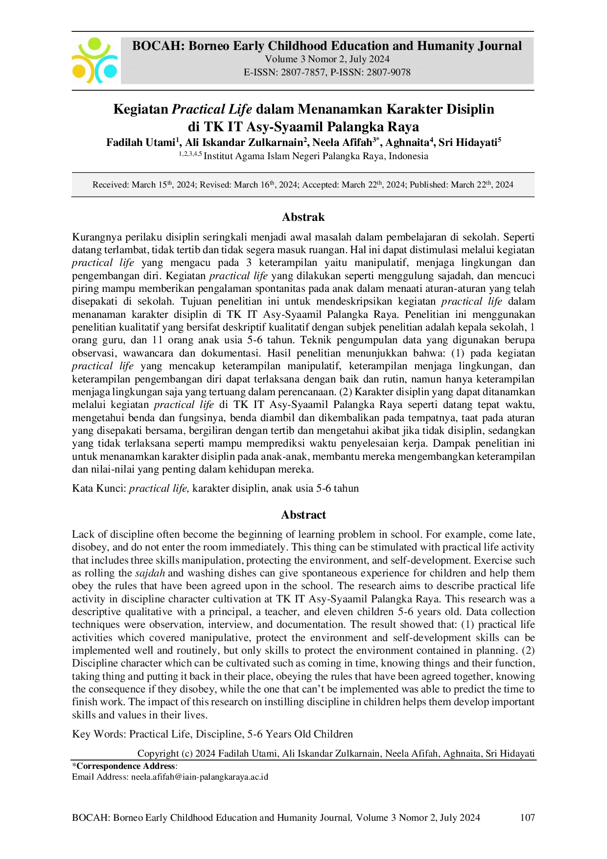 JURIS Kegiatan Practical Life dalam Menanamkan Karakter Disiplin di TK IT Asy Syaamil Palangka Raya