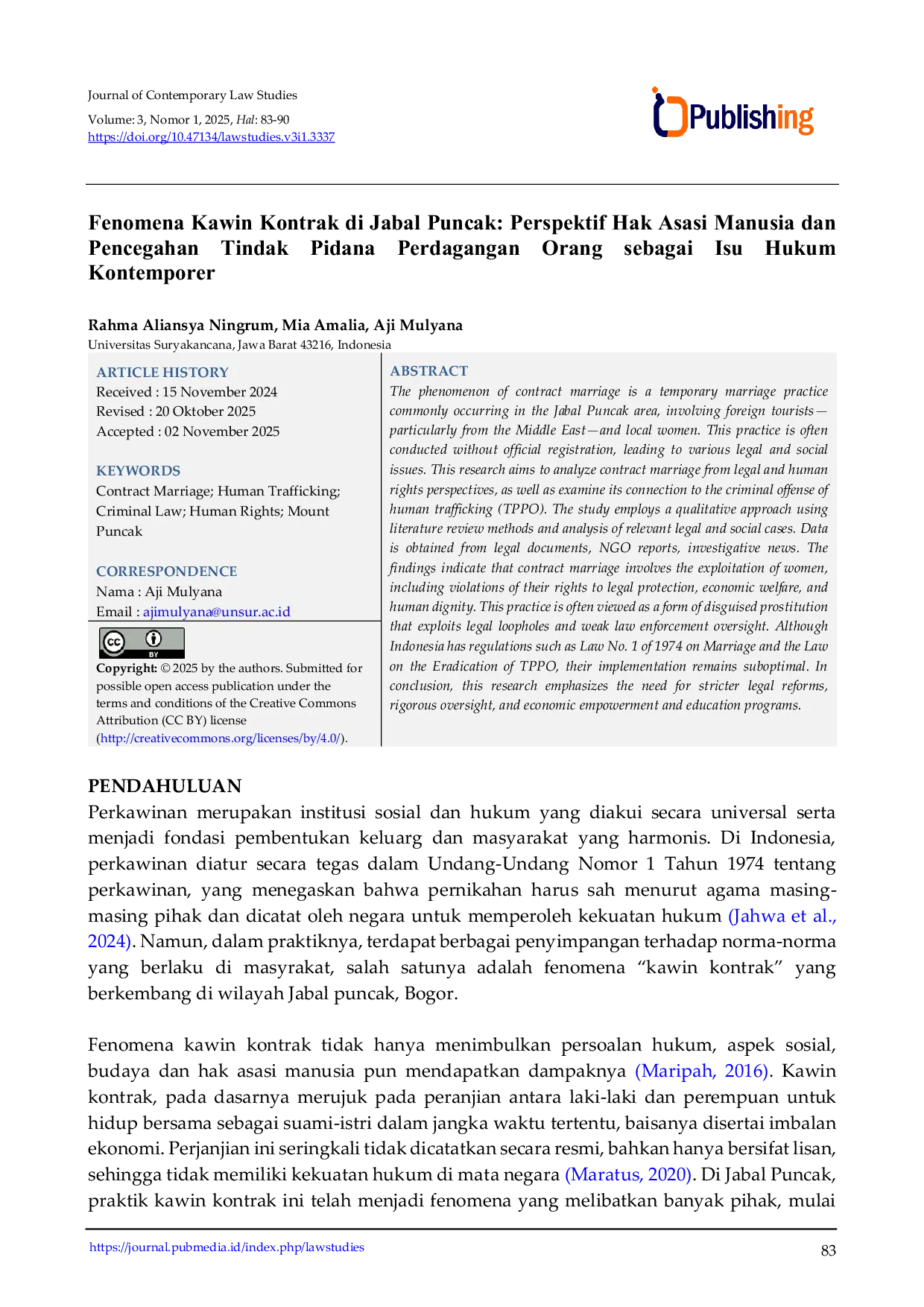 JURIS Fenomena Kawin Kontrak di Jabal Puncak Perspektif Hak Asasi Manusia dan Pencegahan Tindak Pidana Perdagangan Orang sebagai Isu Hukum Kontemporer
