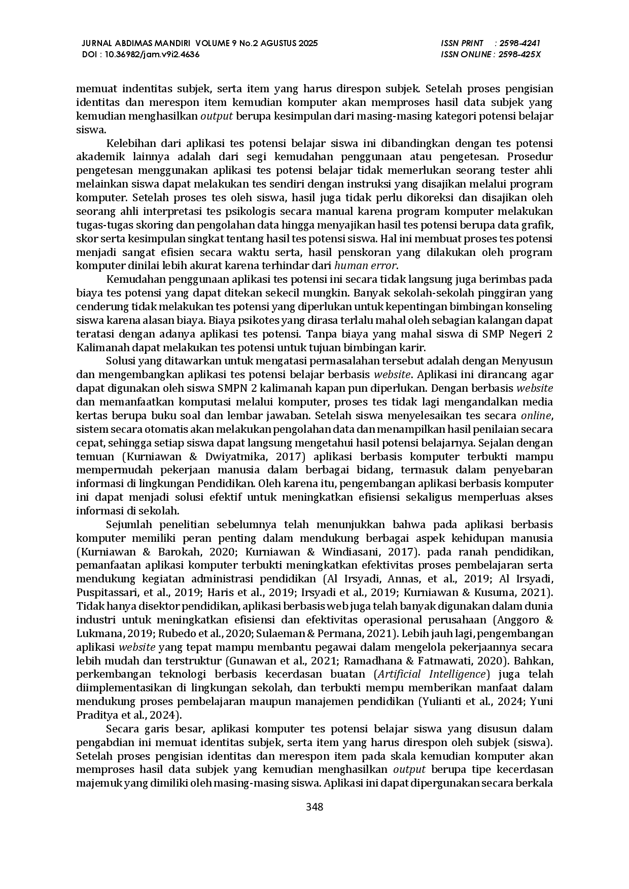 juris Penerapan Deteksi Potensi Belajar Siswa Menggunakan Aplikasi Tes Psikologi Berbasis Website di SMP Negeri 2 Kalimanah