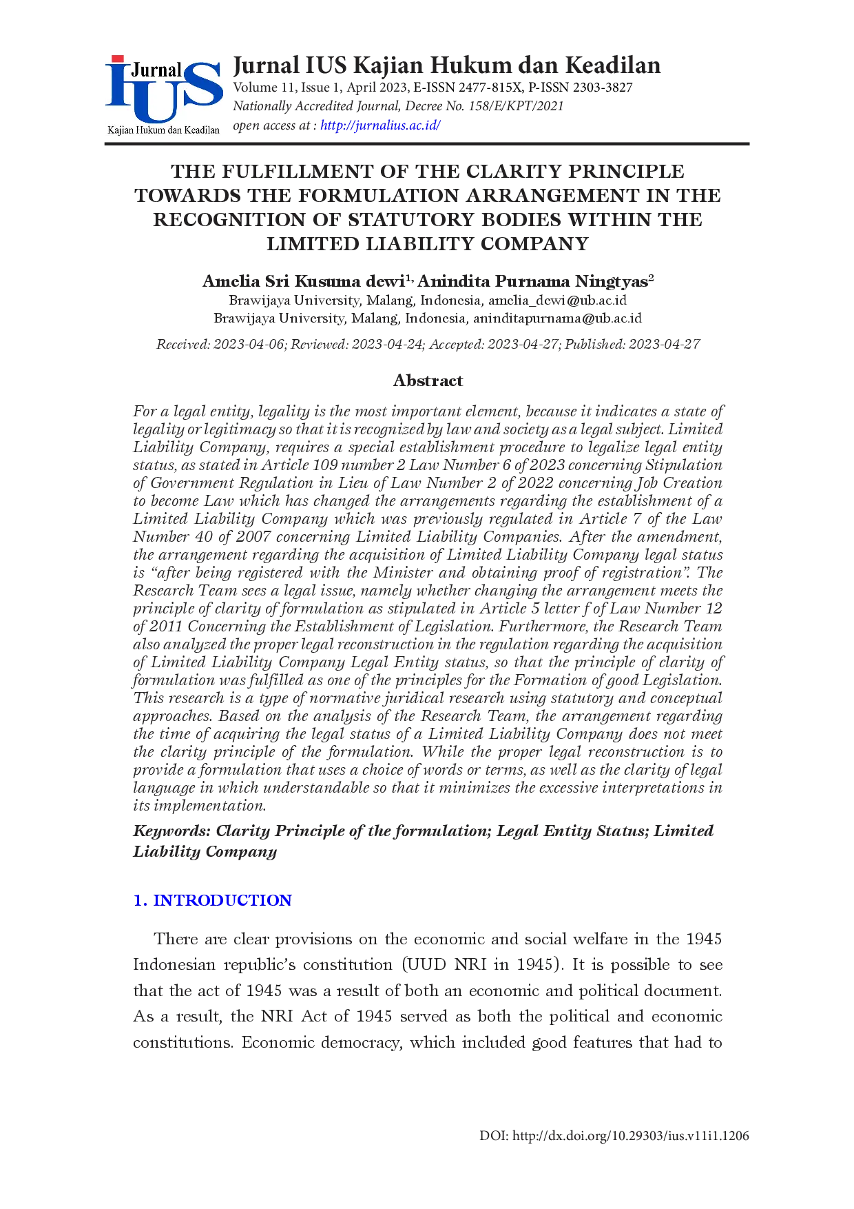 juris The Fulfillment of The Clarity Principle Towards the Formulation Arrangement in The Recognition of Statutory Bodies Within the Limited Liability Company