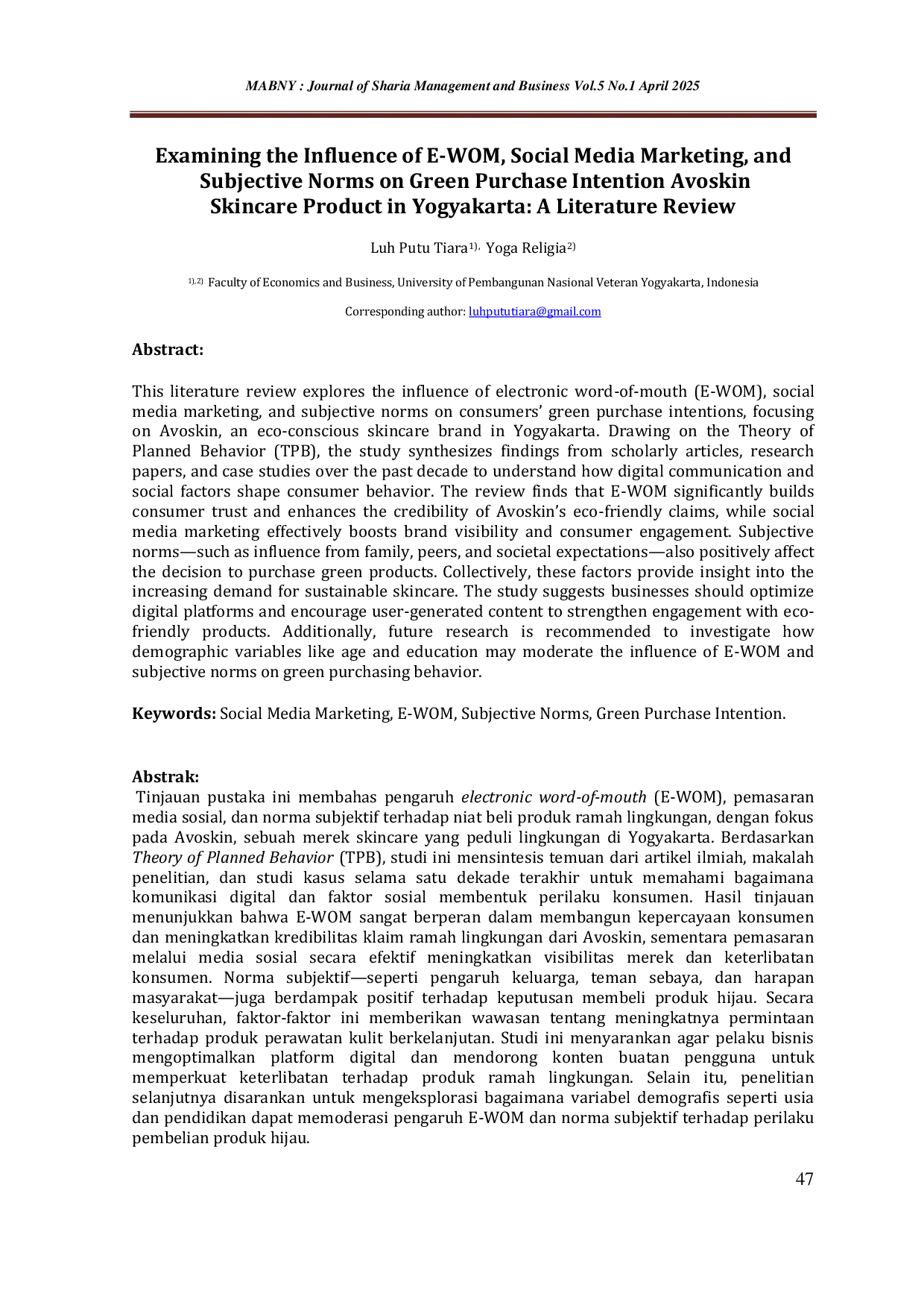 JURIS Examining the Influence of E WOM Social Media Marketing and Subjective Norms on Green Purchase Intention Avoskin Skincare Product in Yogyakarta A Literature Review