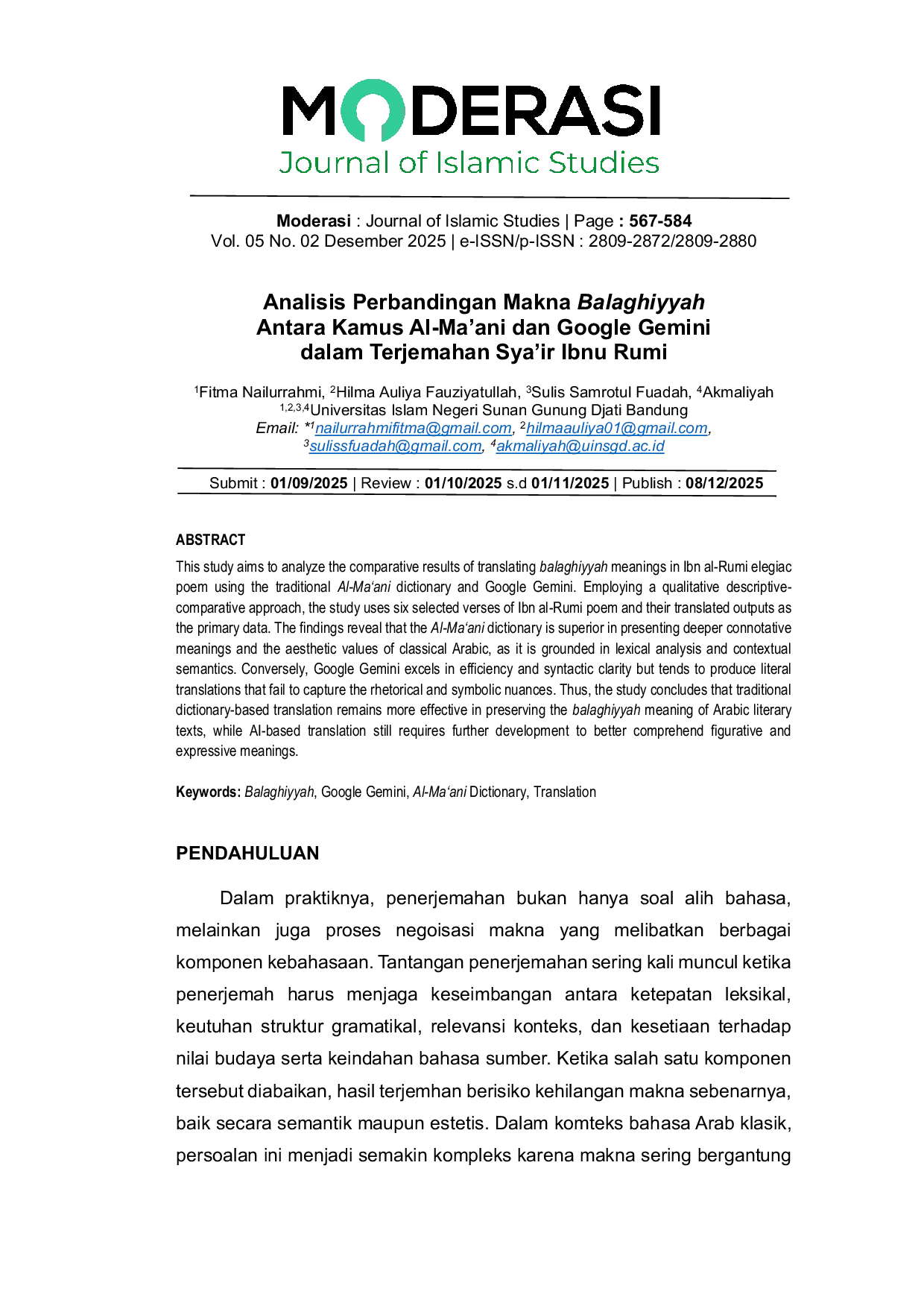 JURIS Analisis Perbandingan Makna Balaghiyyah Antara Kamus Al Ma ani dan Google Gemini dalam Terjemahan Sya ir Ibnu Rumi