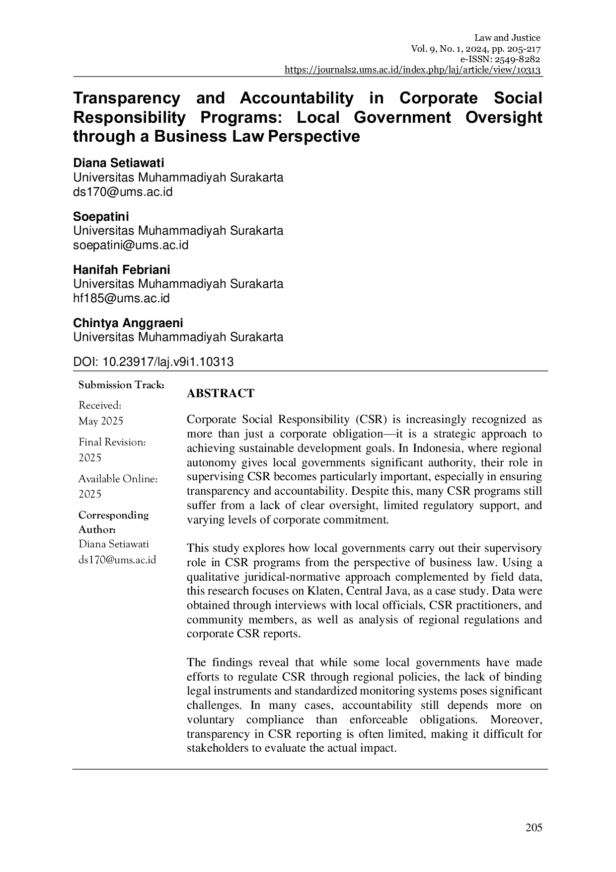 JURIS Transparency and Accountability in Corporate Social Responsibility Programs Local Government Oversight through a Business Law Perspective