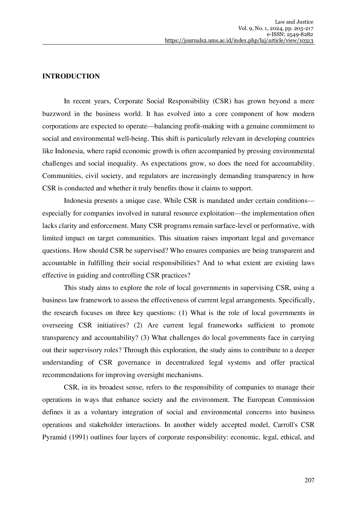 JURIS Transparency and Accountability in Corporate Social Responsibility Programs Local Government Oversight through a Business Law Perspective