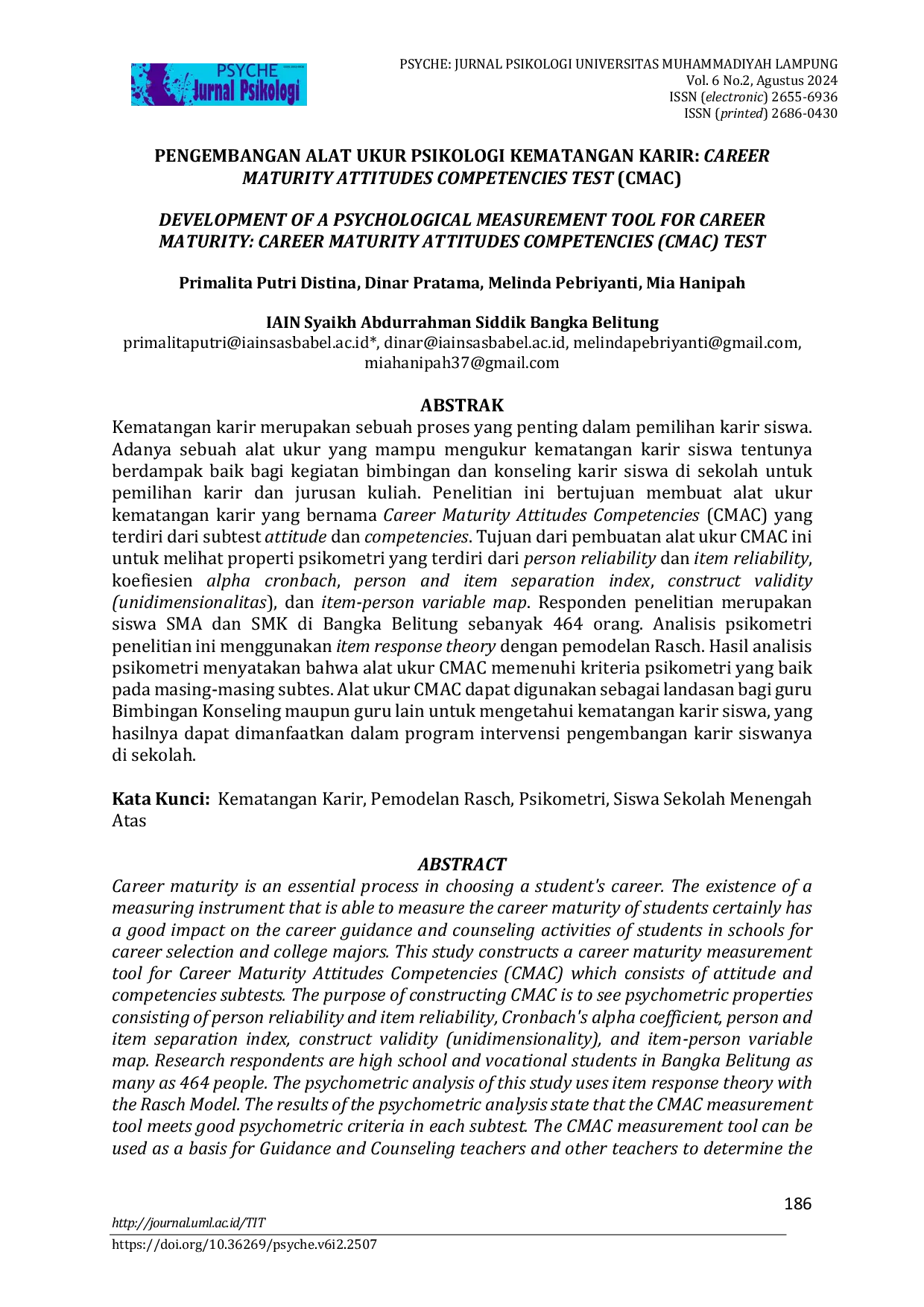 JURIS Pengembangan Alat Ukur Psikologi Kematangan Karir Career Maturity Attitudes Competencies Test CMAC