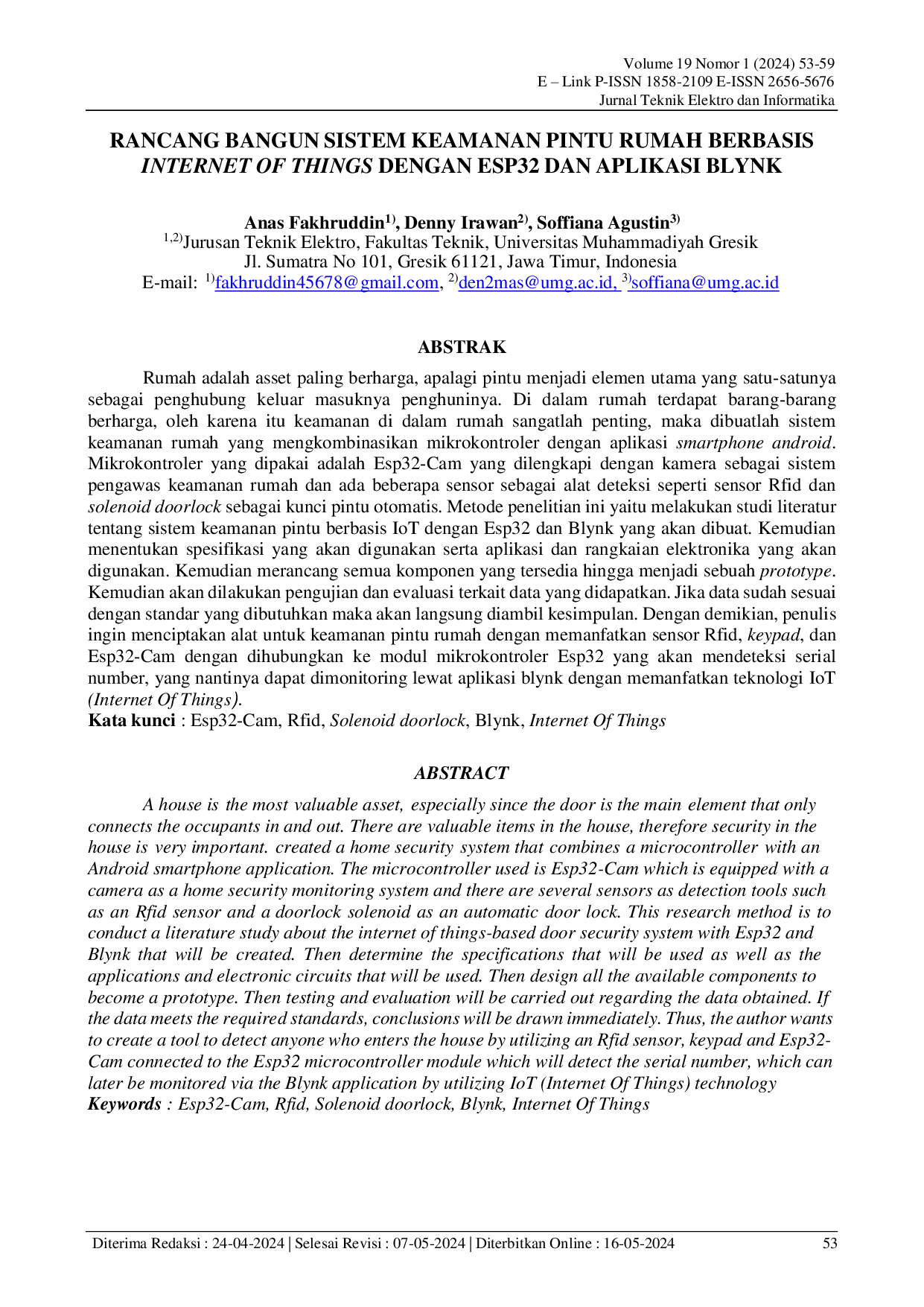 JURIS RANCANG BANGUN SISTEM KEAMANAN PINTU RUMAH BERBASIS INTERNET OF THINGS DENGAN ESP32 DAN APLIKASI BLYNK