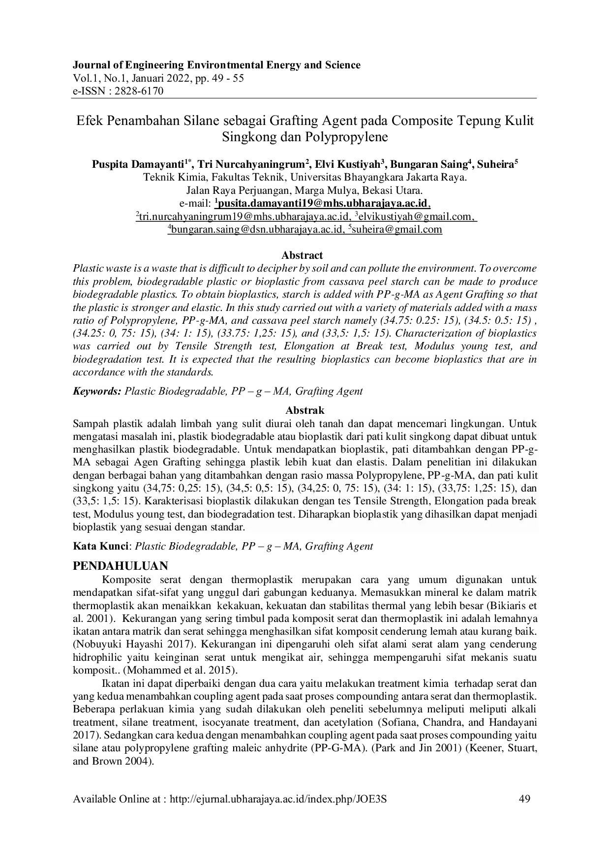 JURIS Efek Penambahan Silane sebagai Grafting Agent pada Composite Tepung Kulit Singkong dan Polypropylene
